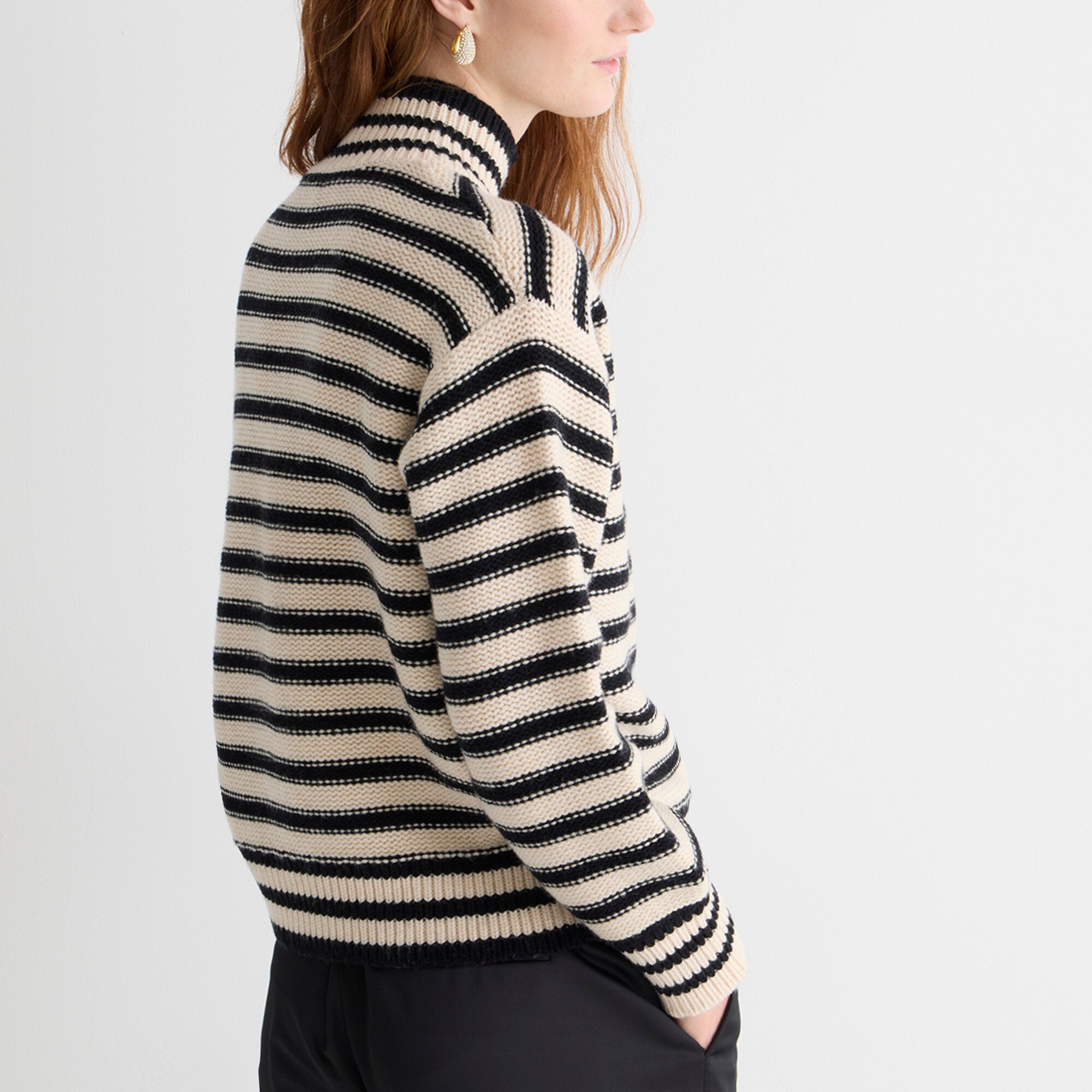 Cable-knit Mockneck Pullover In Stripe With Jewel Buttons For