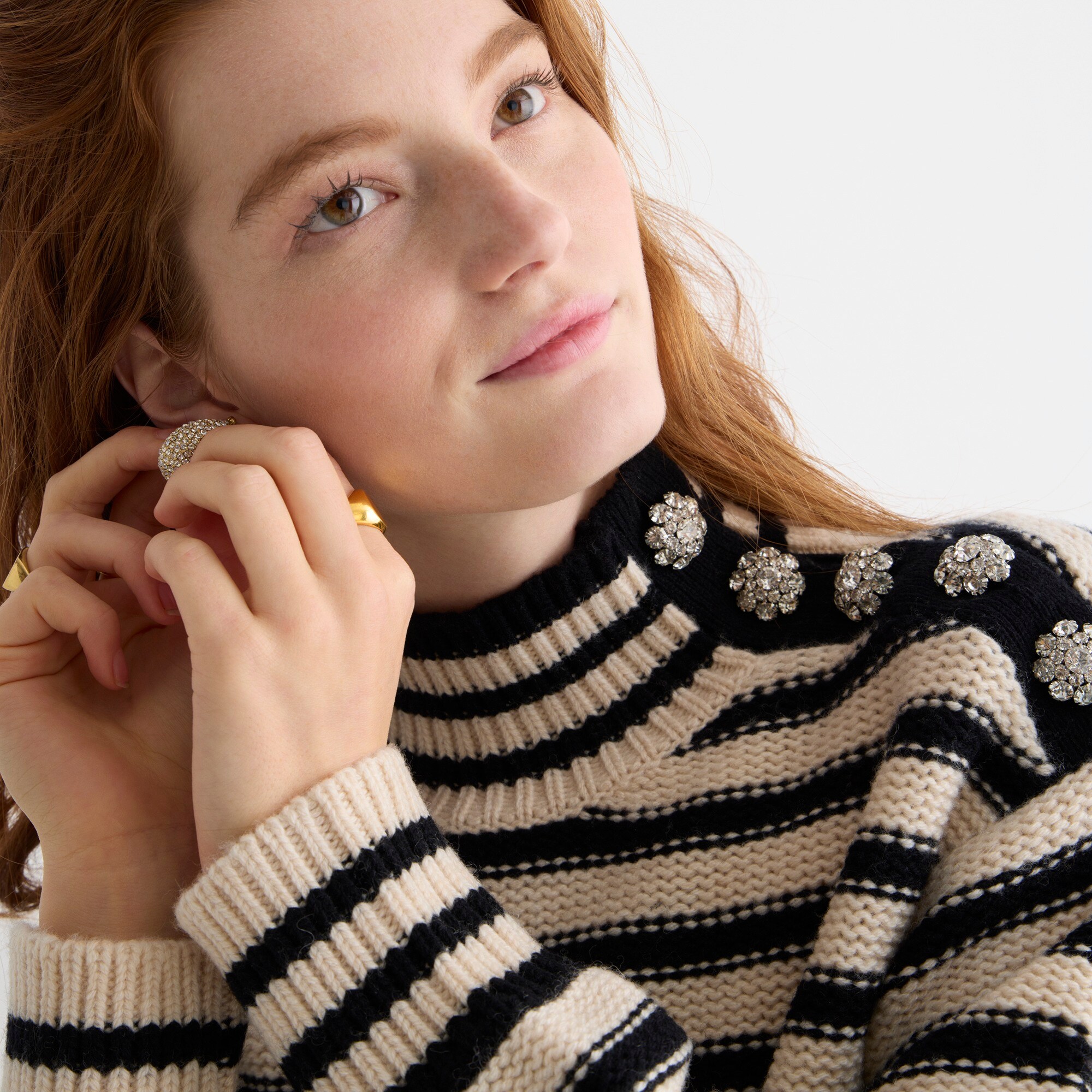 Cable-knit mockneck pullover in stripe with jewel buttons