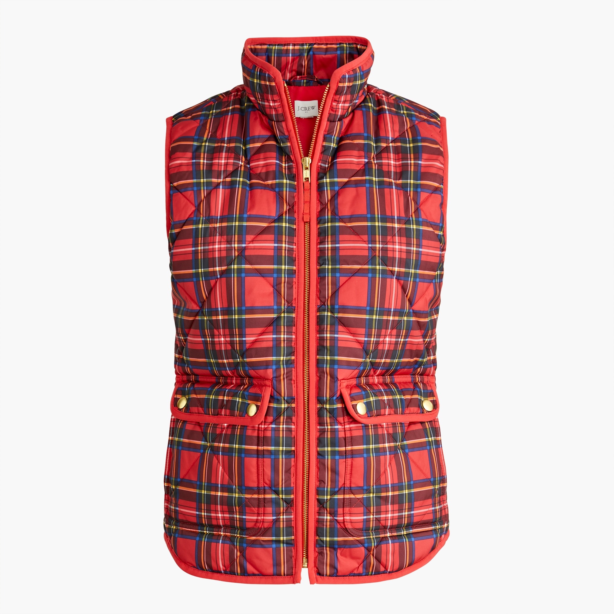 Tartan puffer vest with snap pockets