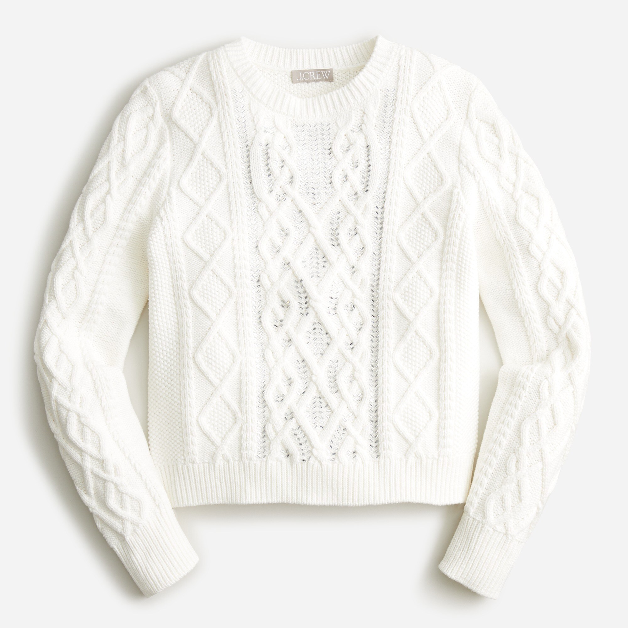 Cable-knit crewneck sweater with crystals
