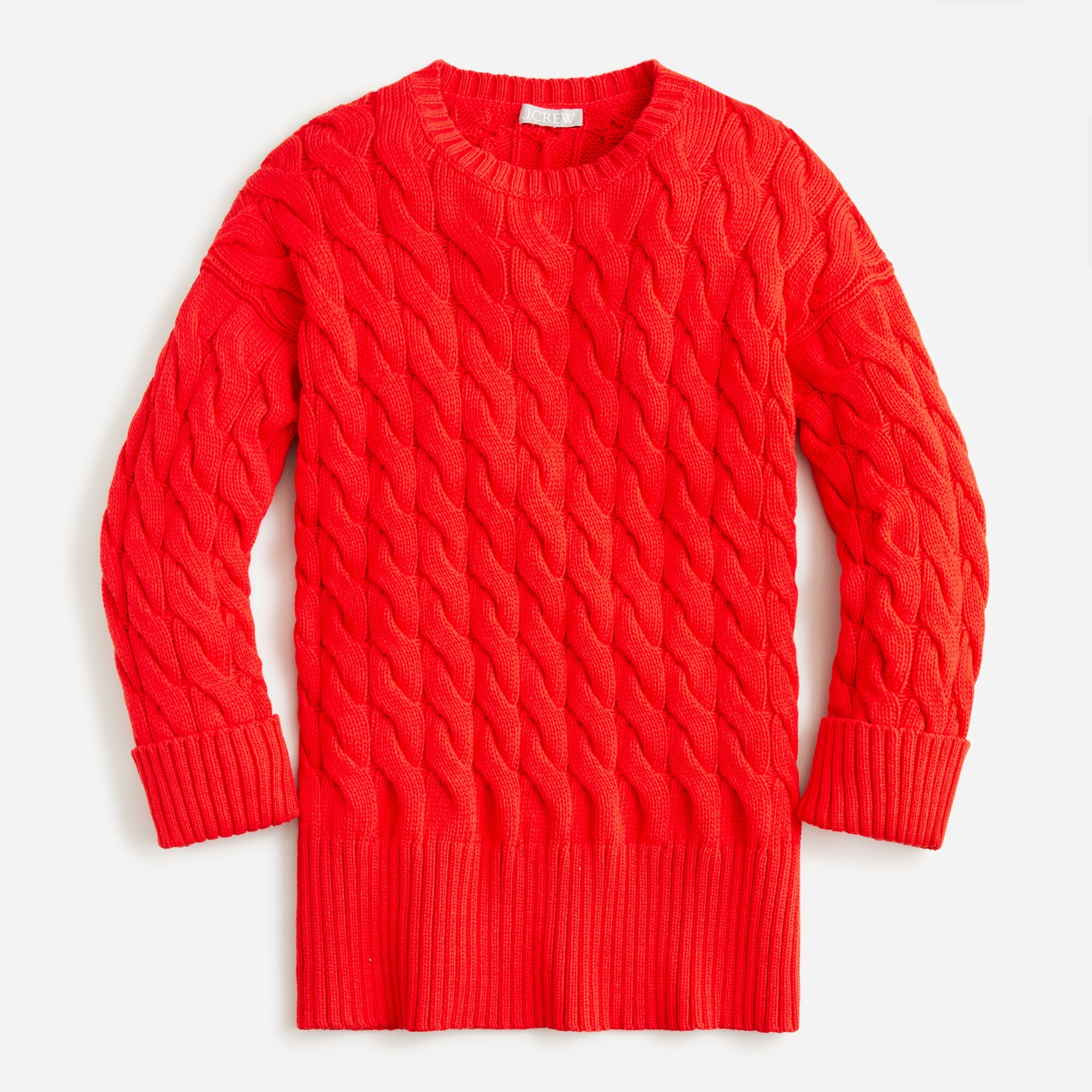 Cotton-blend cable-knit side-slit crewneck sweater