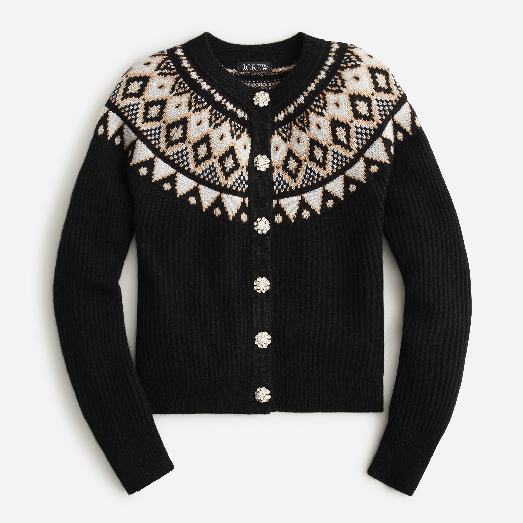Cashmere Fair Isle  cardigan sweater with jewel buttons