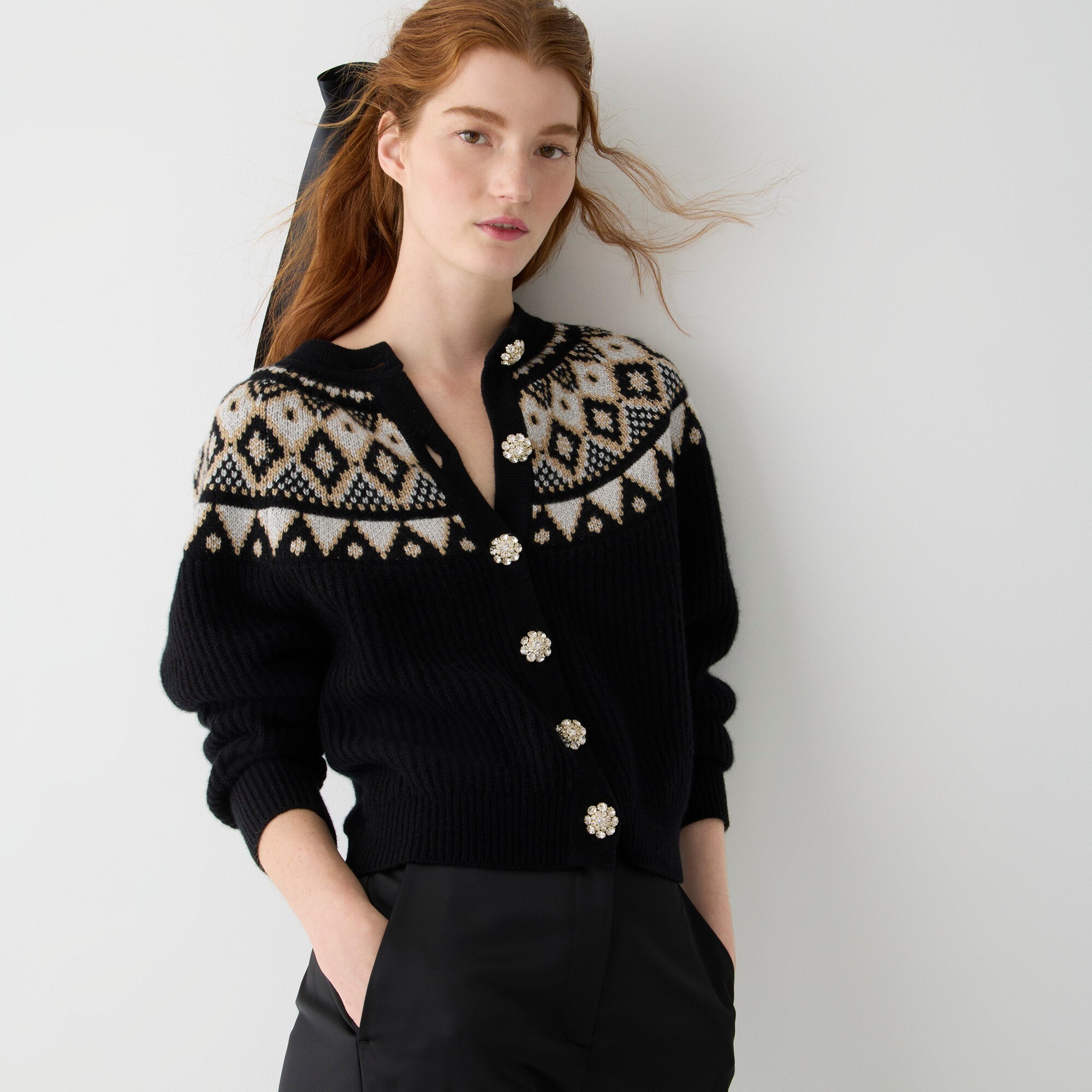 Cashmere Fair Isle  cardigan sweater with jewel buttons