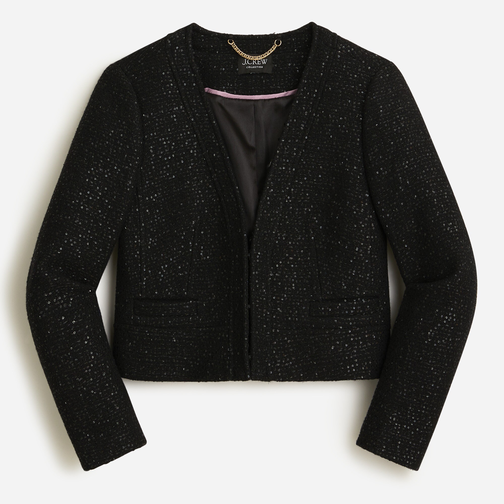 Collarless lady jacket in sequin tweed