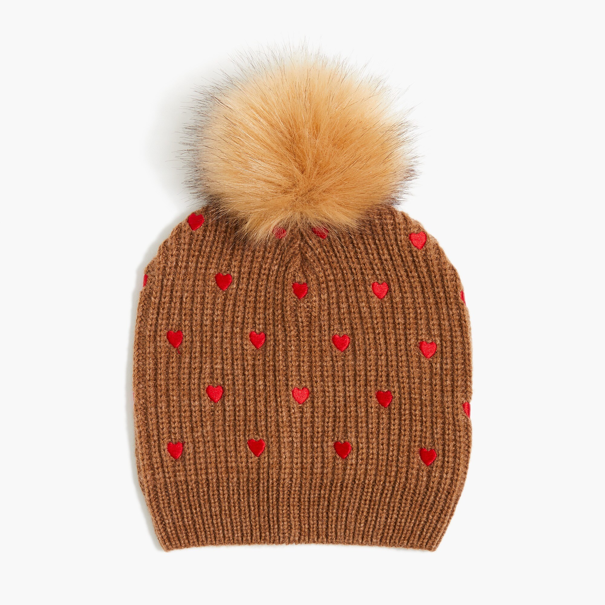Embroidered heart pom-pom beanie hat