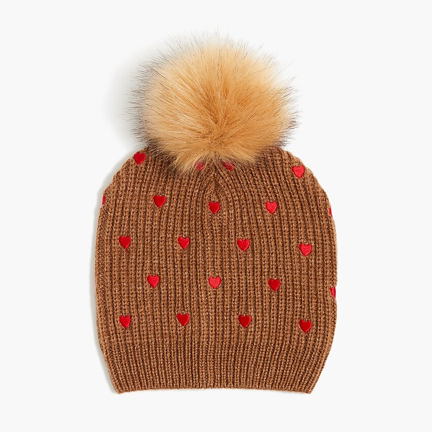 factory: embroidered heart pom-pom beanie hat for women, right side, view zoomed