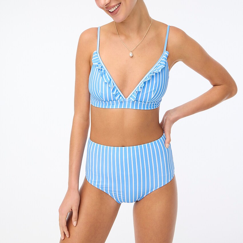 factory: striped ruffle bikini top for women, right side, view zoomed