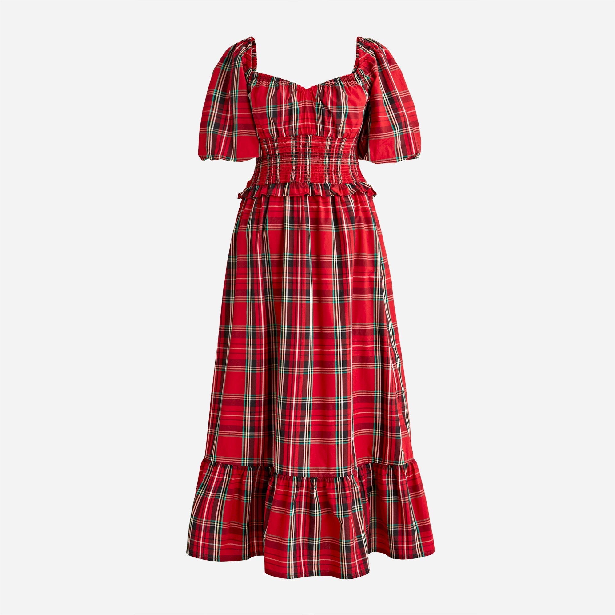 Smocked-waist puff-sleeve cotton poplin midi dress in Good Tidings plaid