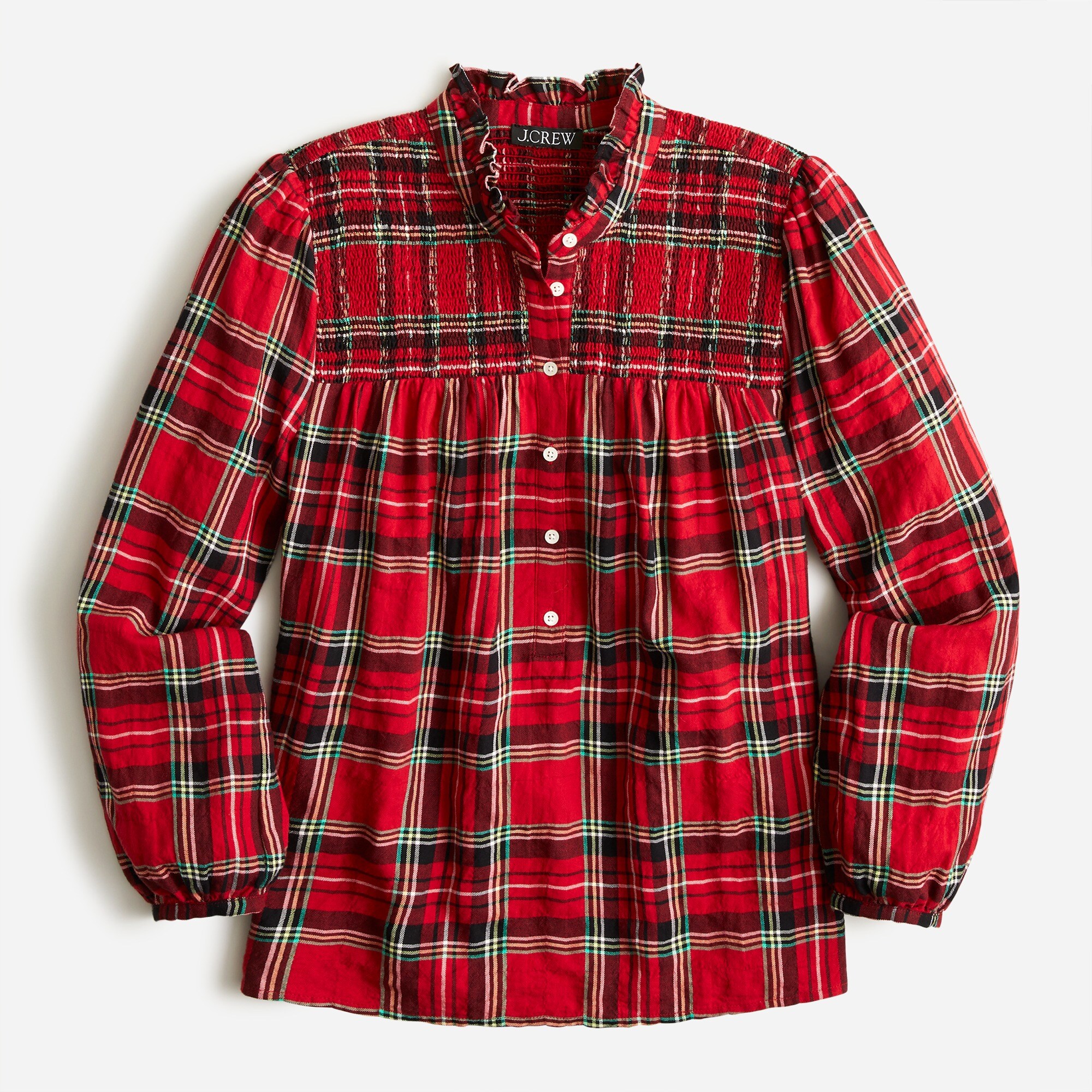 Ruffleneck cotton-blend flannel popover in Good Tidings plaid