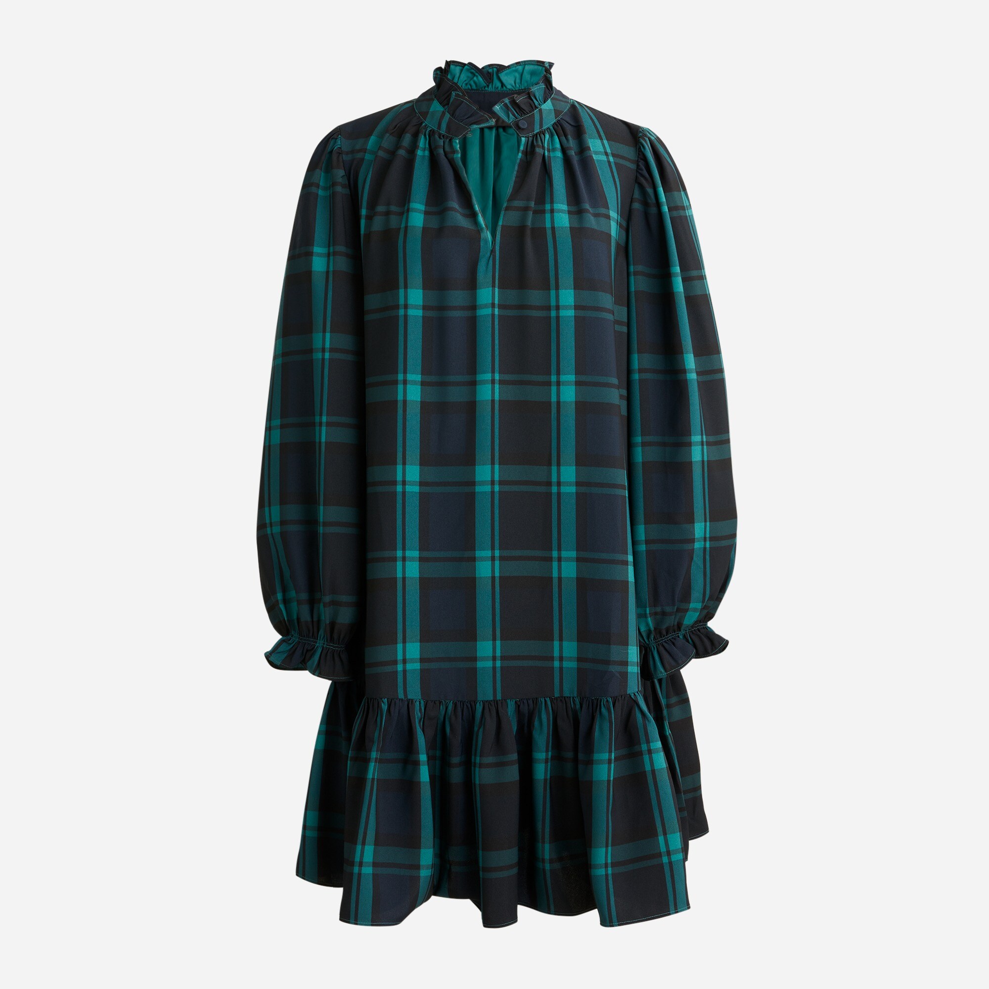 Ruffle puff-sleeve dress  in Black Watch tartan