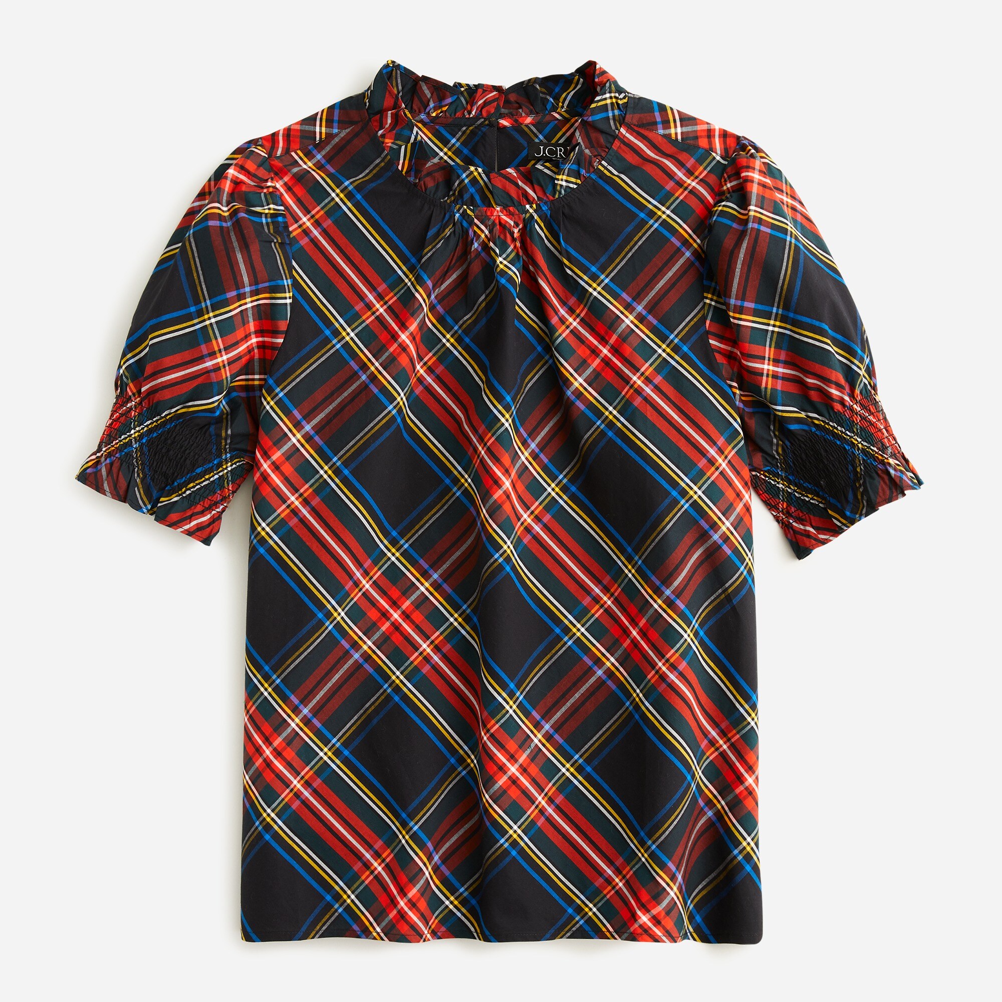 Smocked Puff-sleeve Cotton Poplin Top In Stewart Tartan For Women