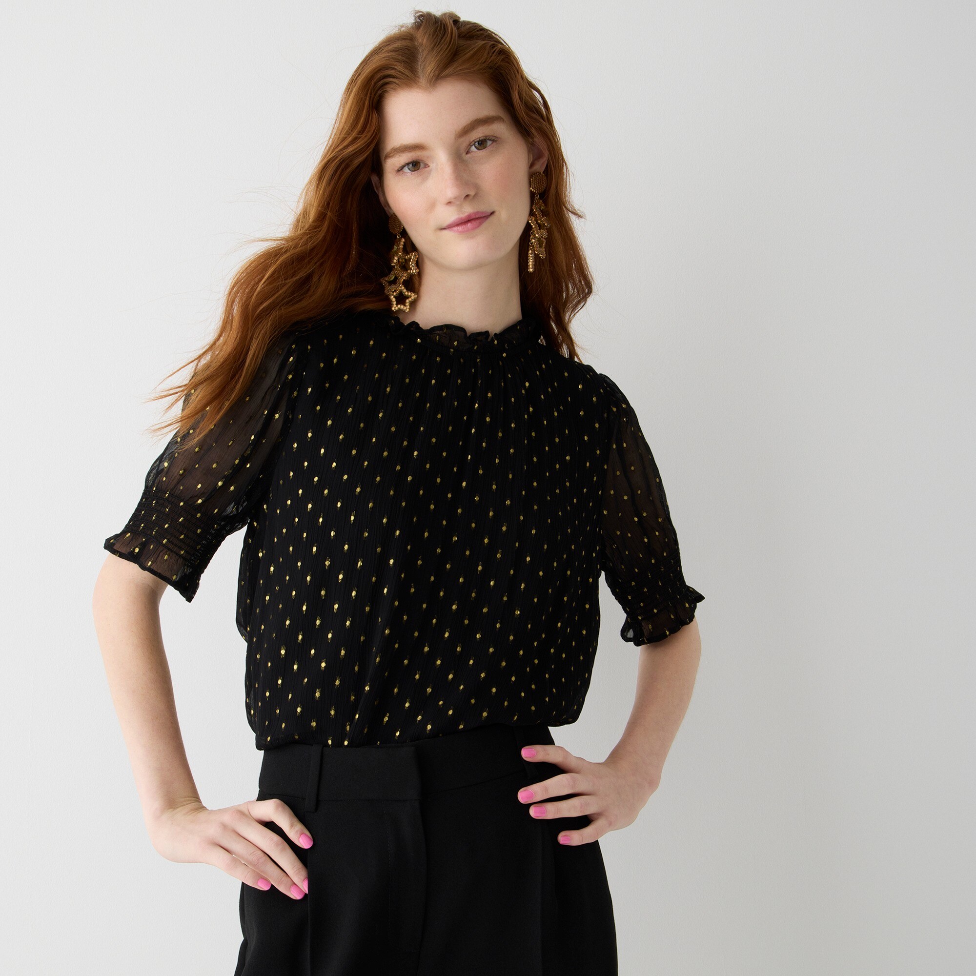 Smocked puff-sleeve top in Lurex® chiffon