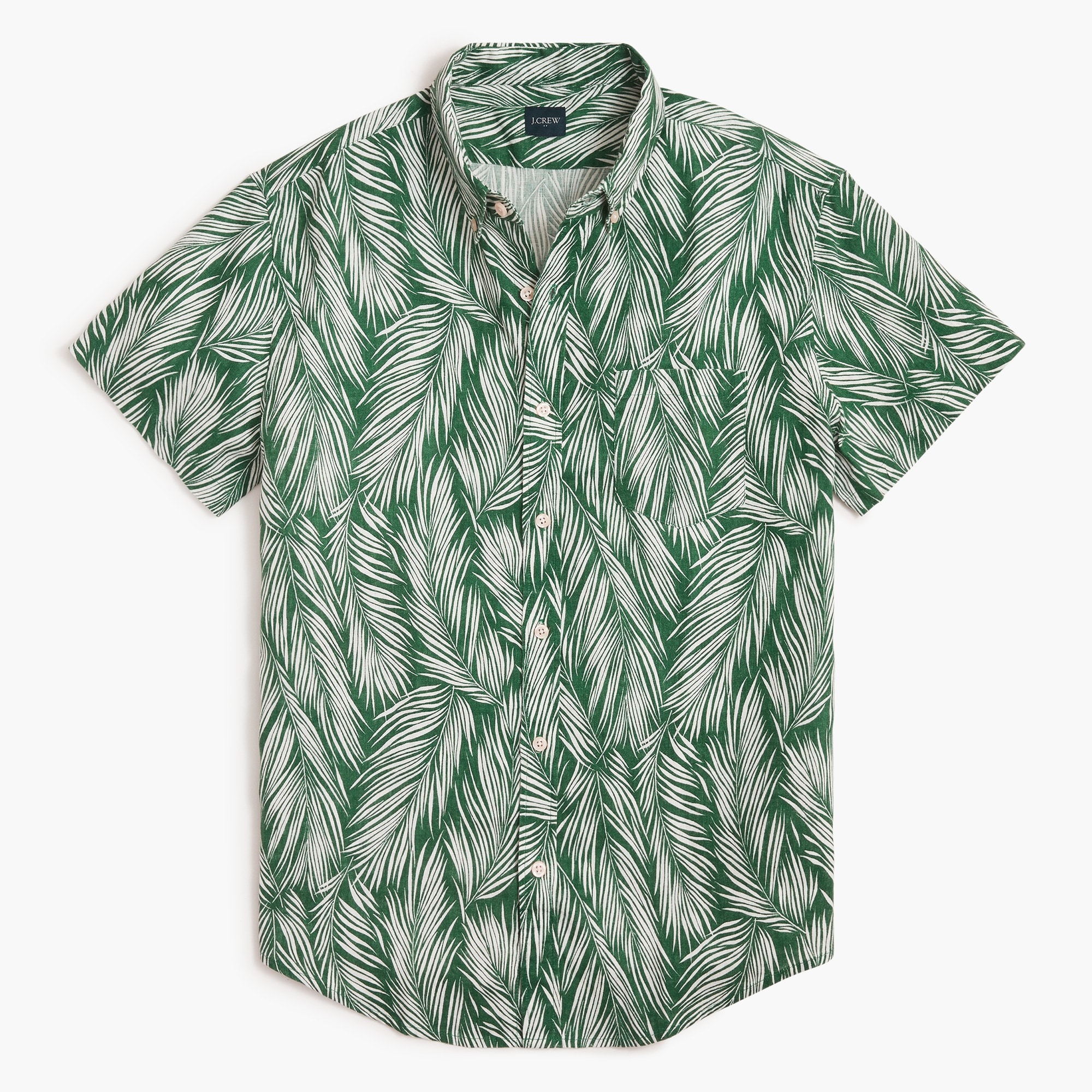 Printed short-sleeve slim linen-blend shirt