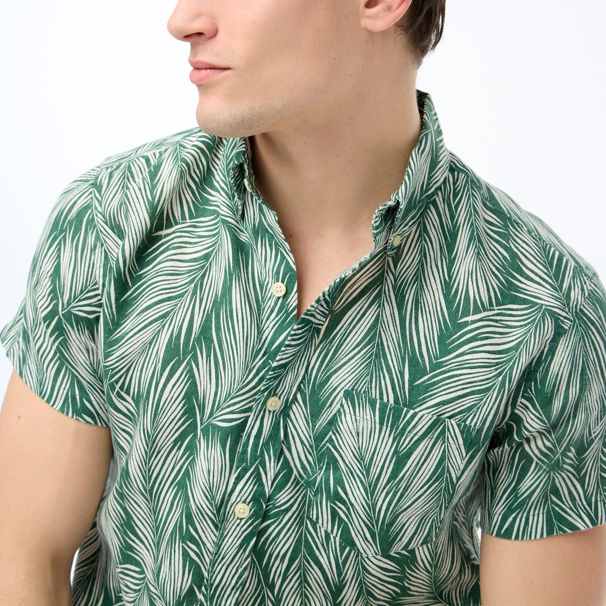 Printed short-sleeve slim linen-cotton shirt