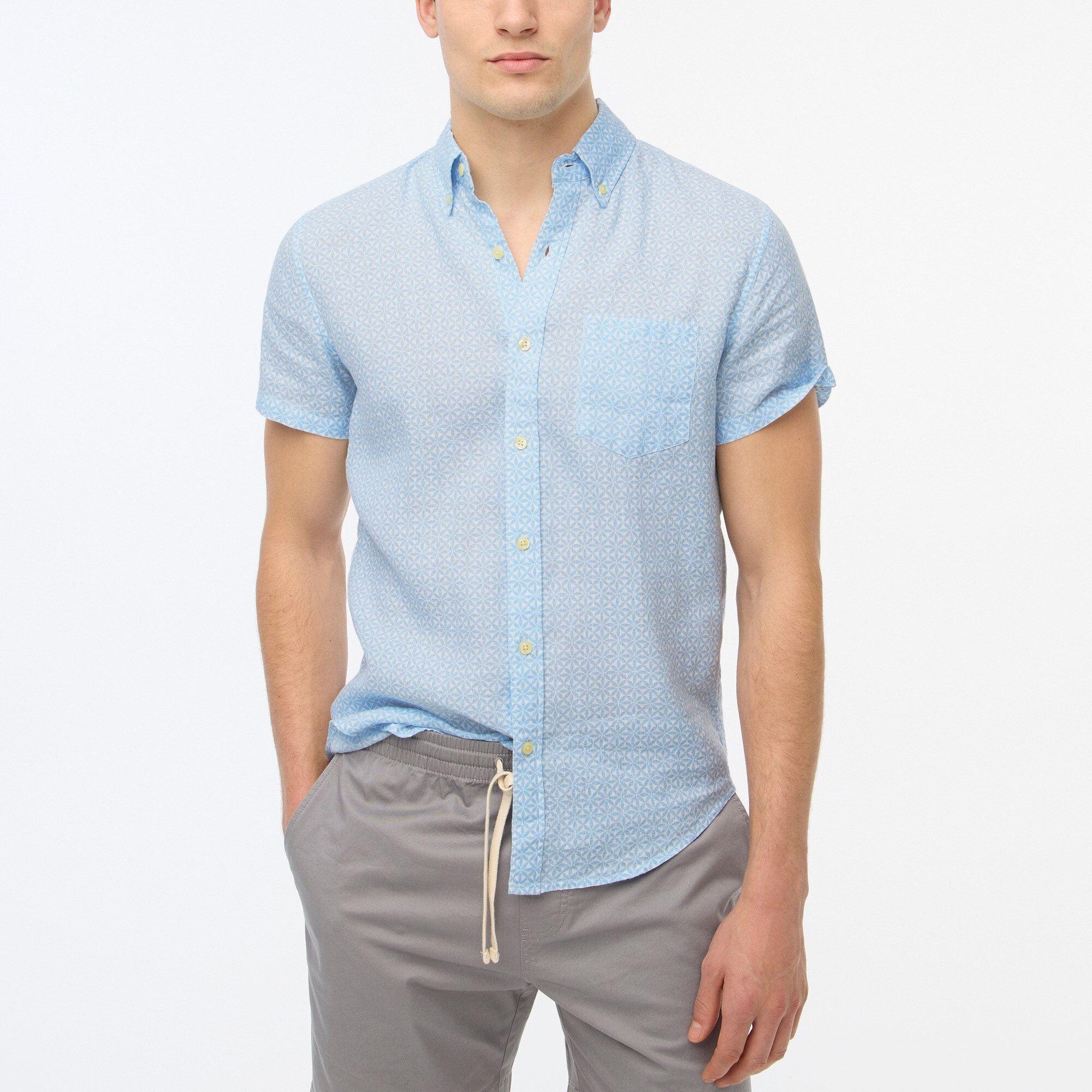 Printed short-sleeve slim linen shirt
