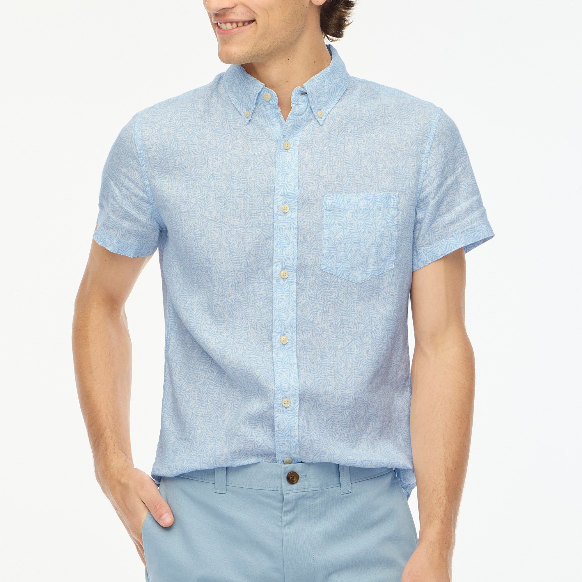  Printed short-sleeve slim linen-blend shirt