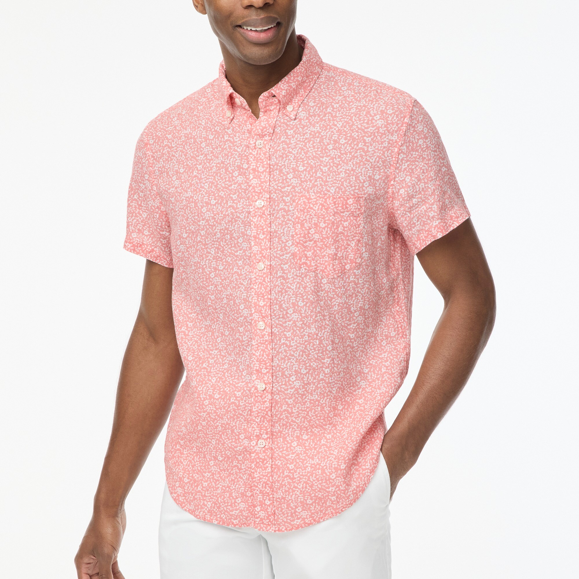 Printed short-sleeve linen-blend shirt