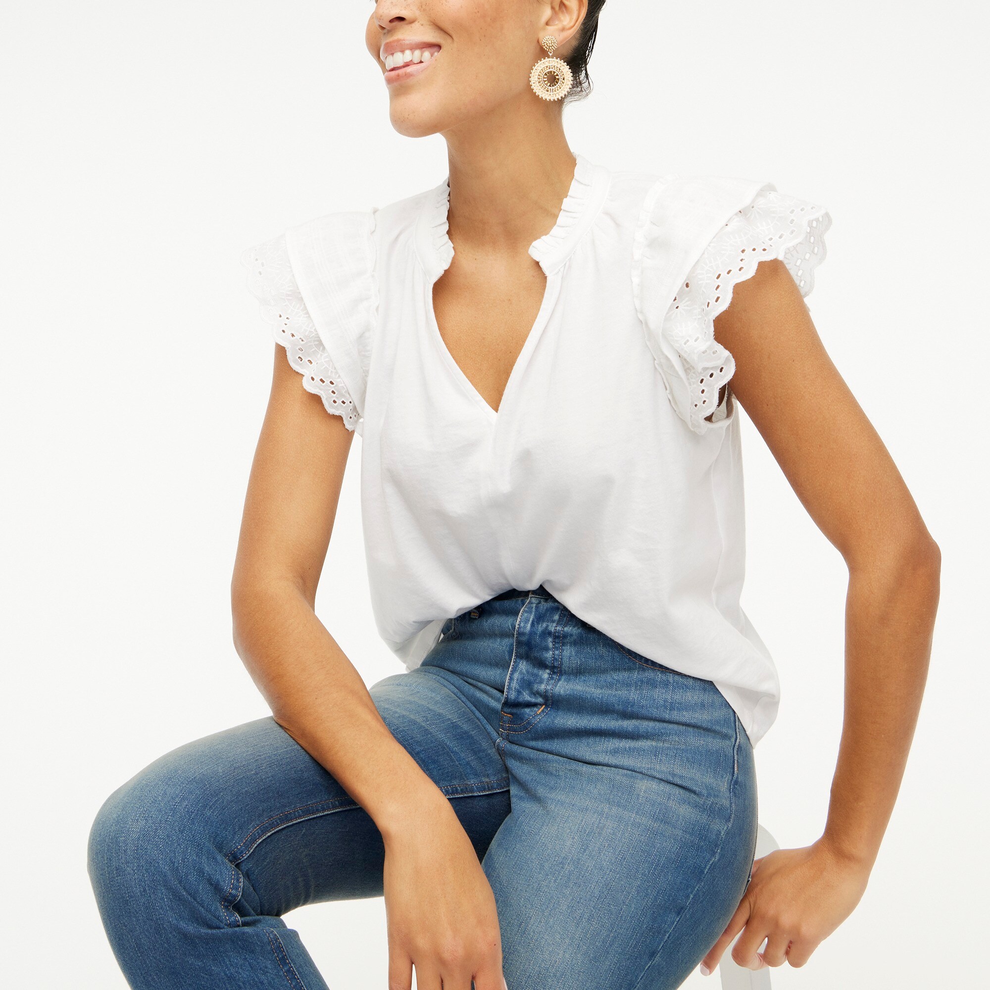 factory: eyelet flutter-sleeve top for women, right side, view zoomed