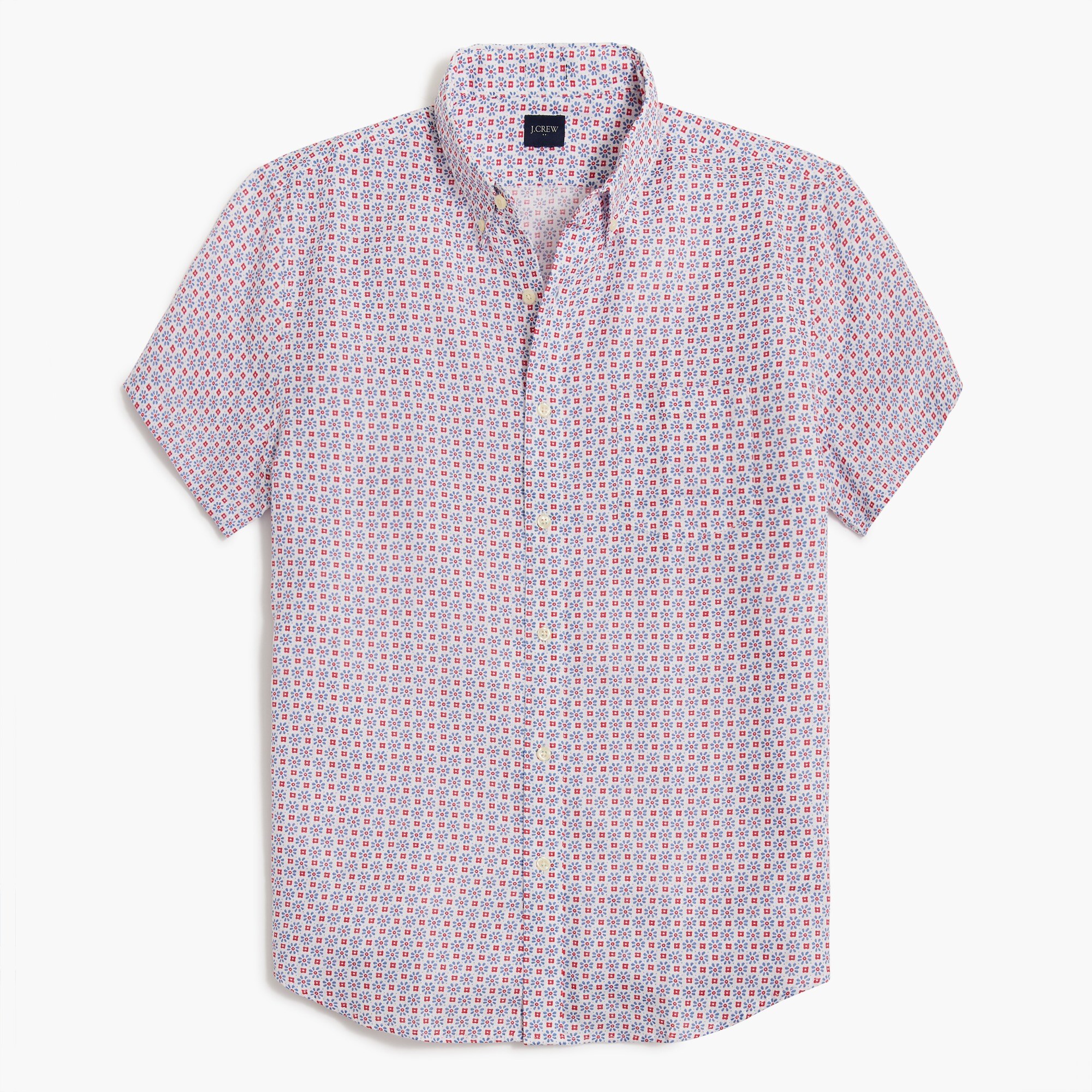 Printed short-sleeve slim linen-blend shirt