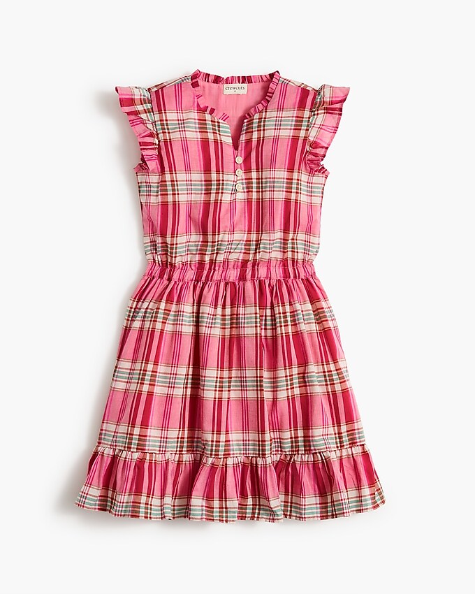 factory: girls&apos; plaid ruffle-sleeve dress with ruffle hem for girls, right side, view zoomed