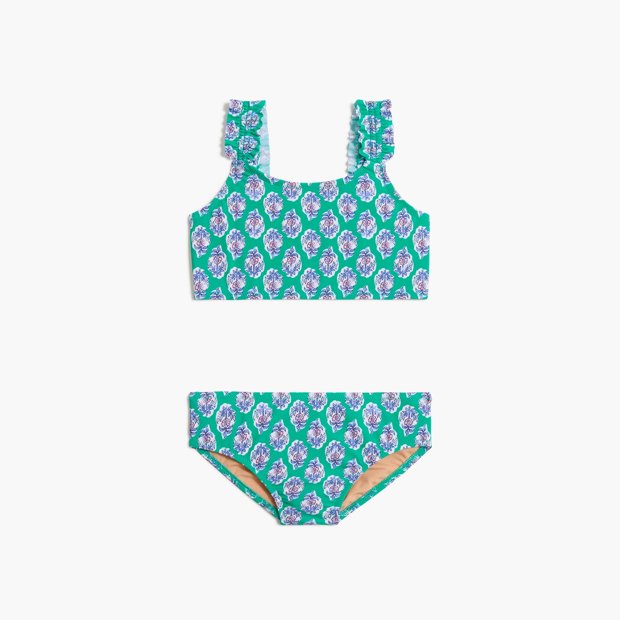 factory: girls&apos; printed ruffle-strap swimsuit set for girls, right side, view zoomed
