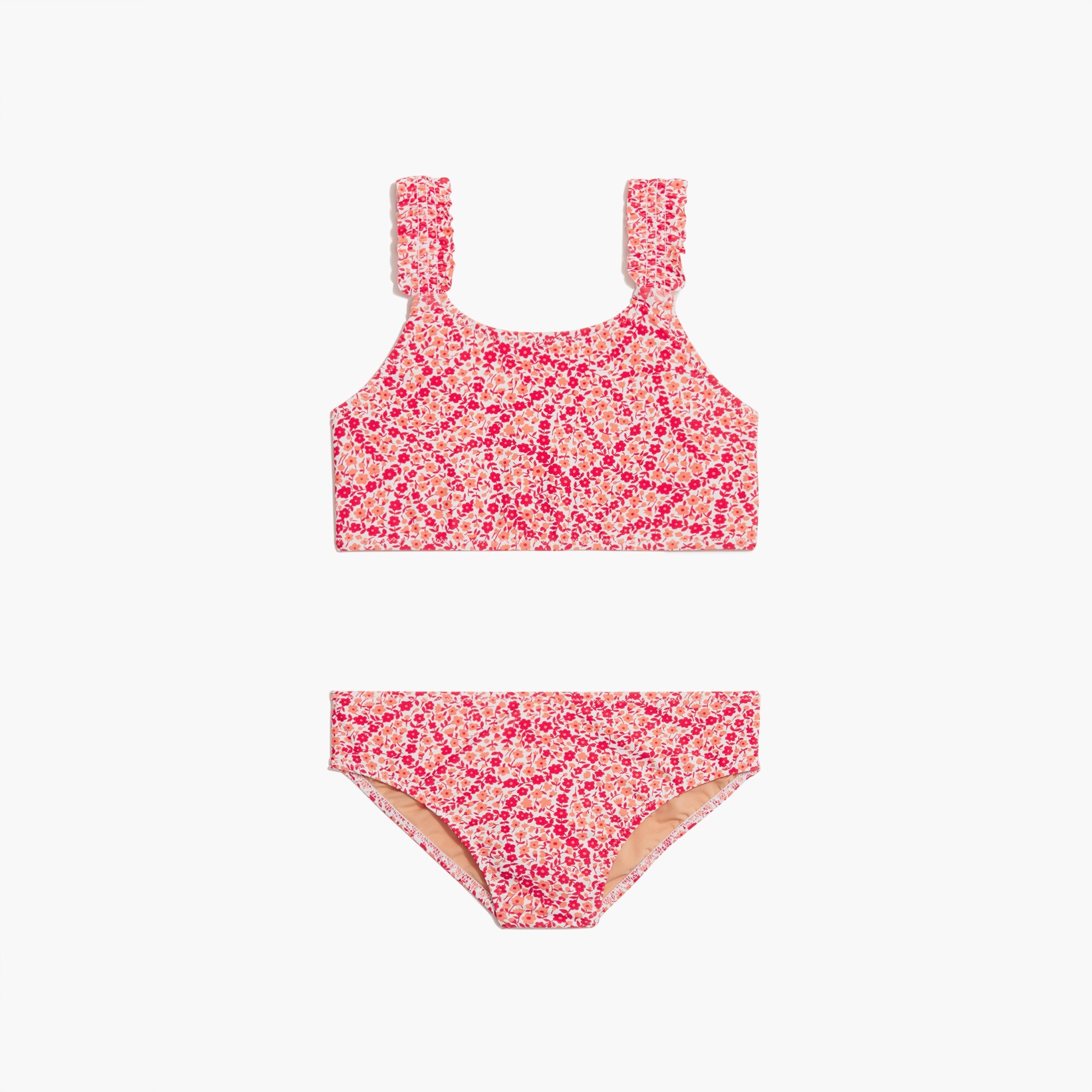 factory: girls&apos; floral ruffle-strap swimsuit set for girls, right side, view zoomed