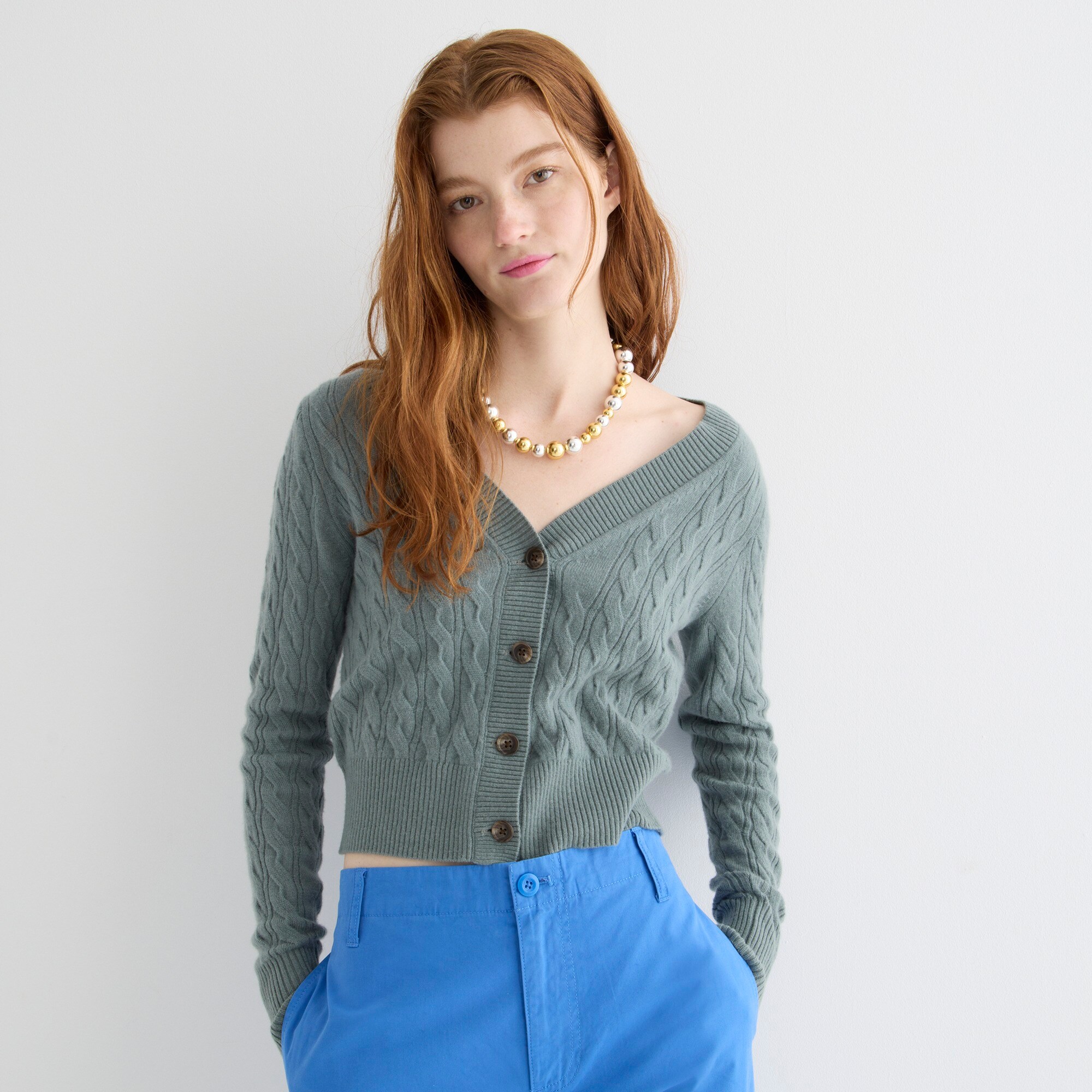 Cashmere cropped cable-knit V-neck cardigan sweater
