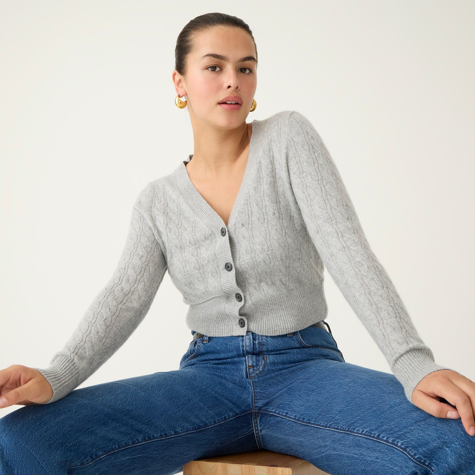 j.crew: cashmere shrunken cable-knit v-neck cardigan sweater for women