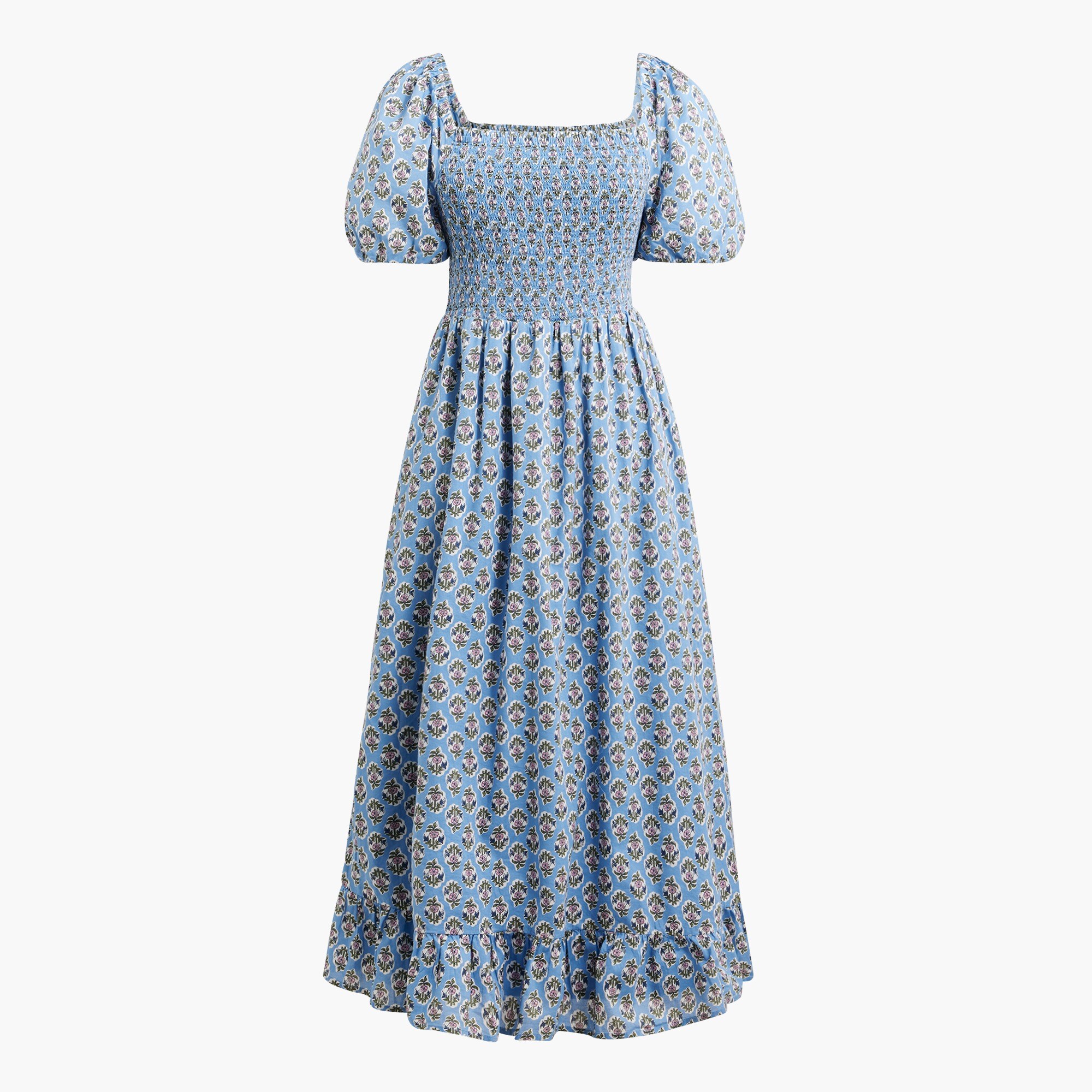 Block-print smocked midi dress with puff sleeves