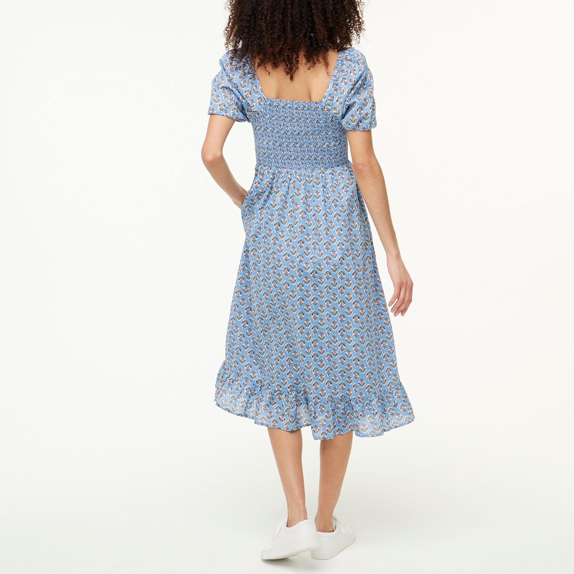 Block-print smocked midi dress with puff sleeves