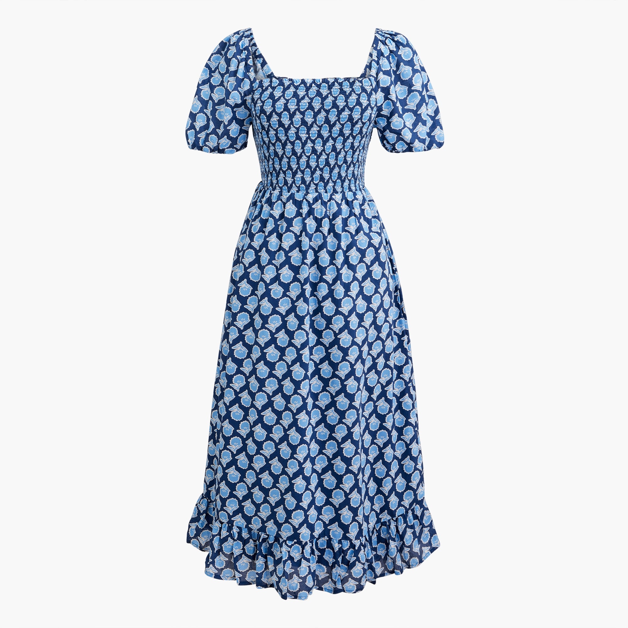 Factory Smocked Midi Dress With Puff Sleeves For Women