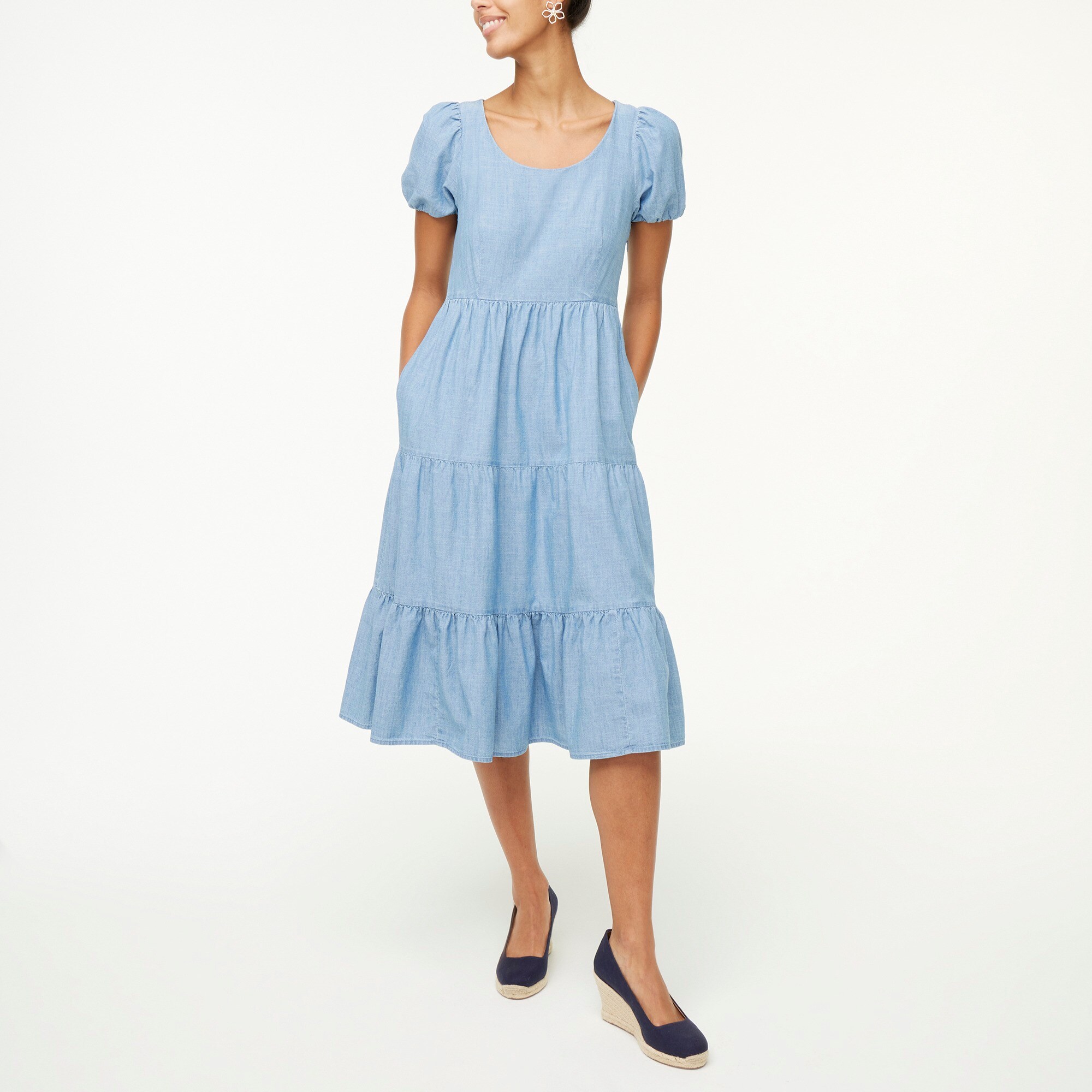 Chambray tiered puff-sleeve dress