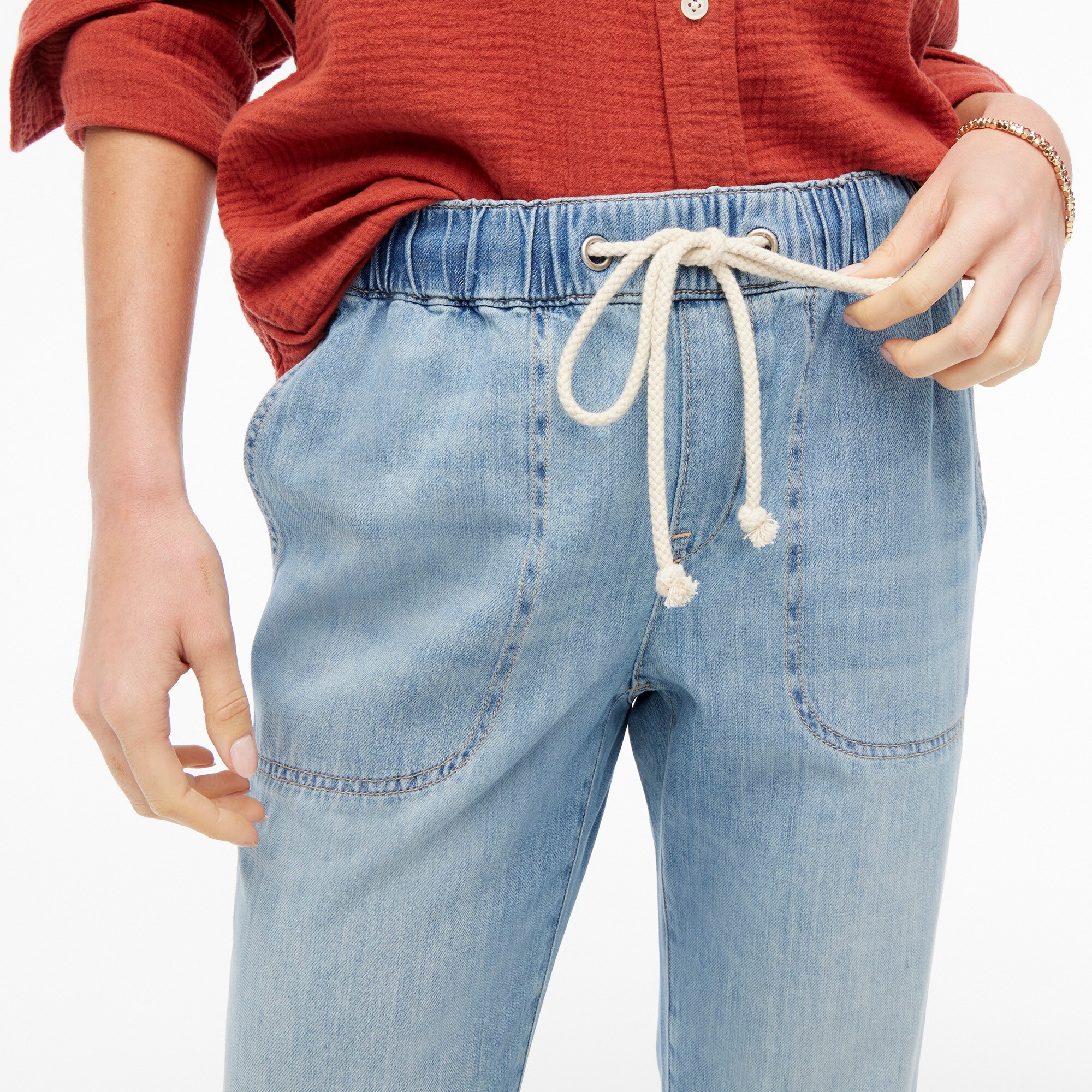 Denim jogger pant with rope tie closure