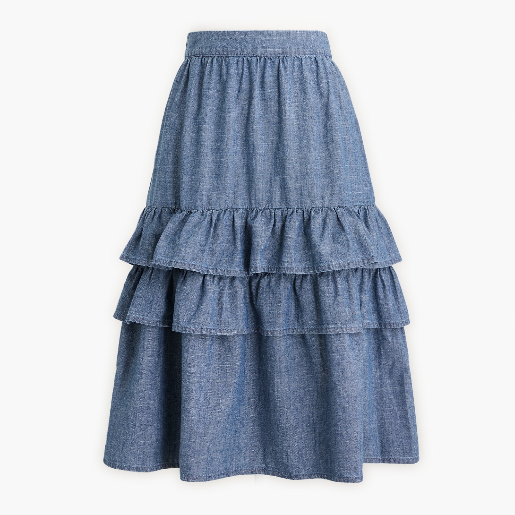 chambray tiered ruffle midi skirt for women