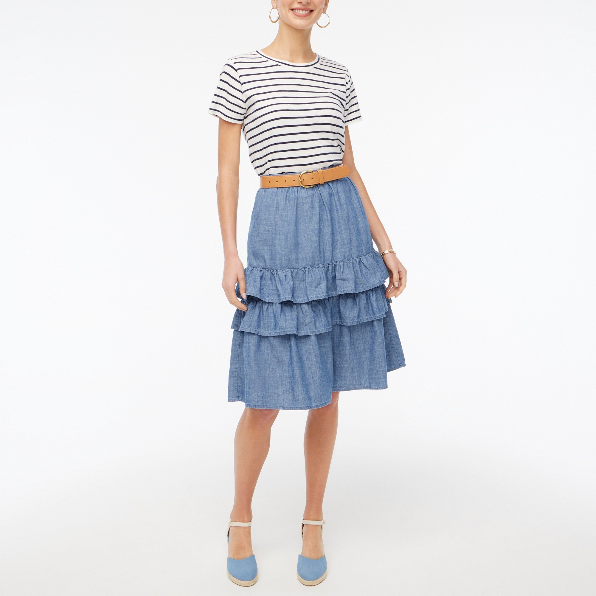 Chambray tiered ruffle midi skirt