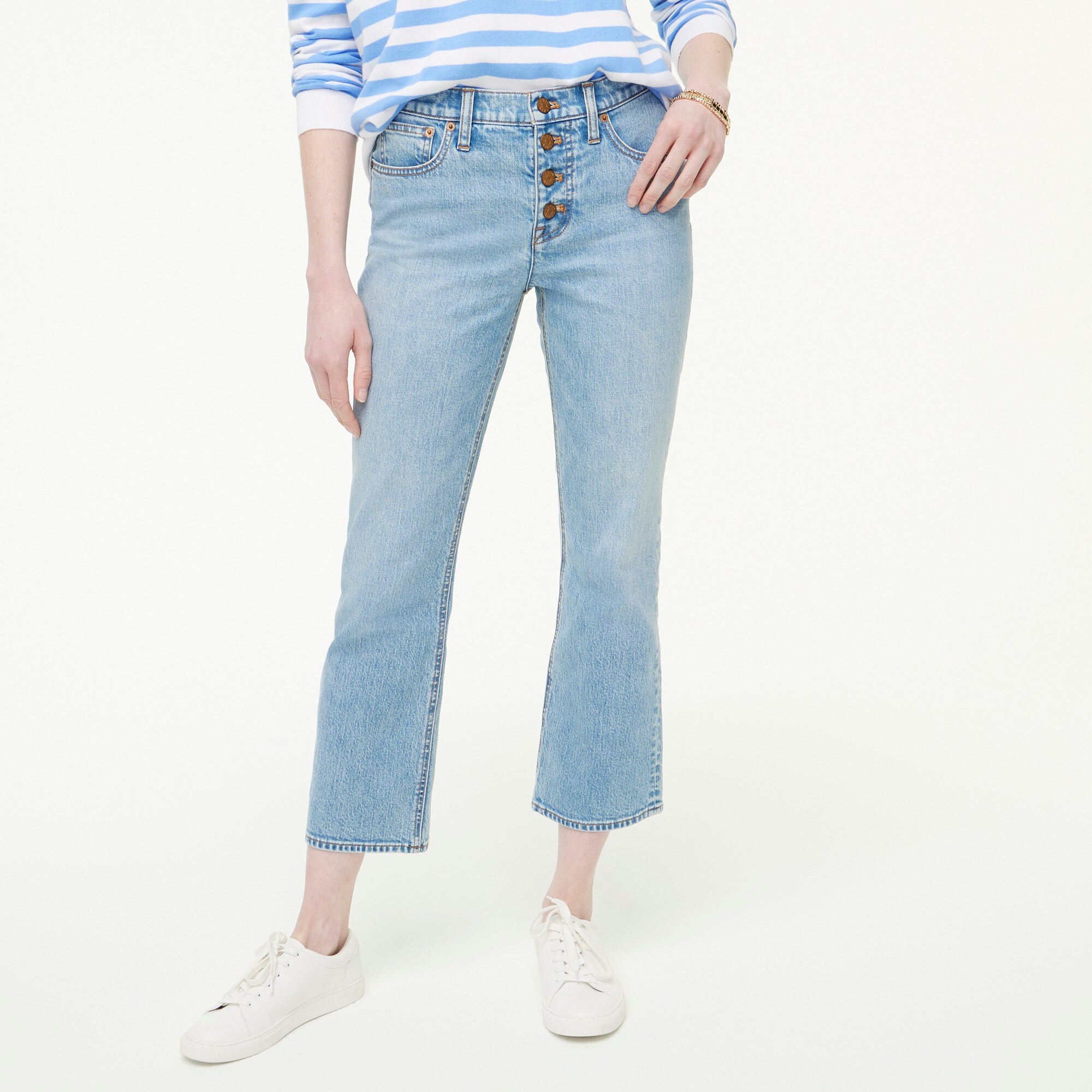 factory: flare crop jean in all-day stretch for women, right side, view zoomed