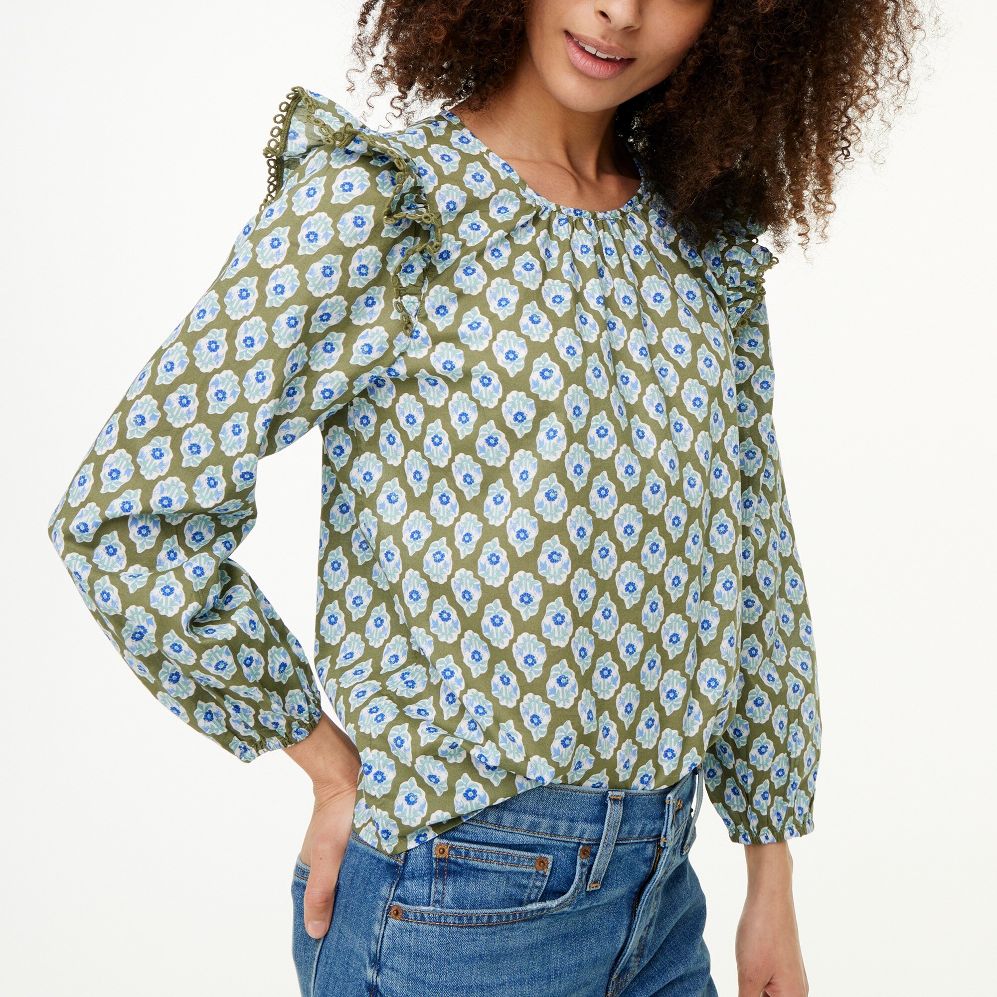 factory: printed ruffle-shoulder top for women, right side, view zoomed