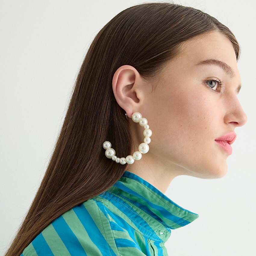 j.crew: mixed pearl hoops for women, right side, view zoomed