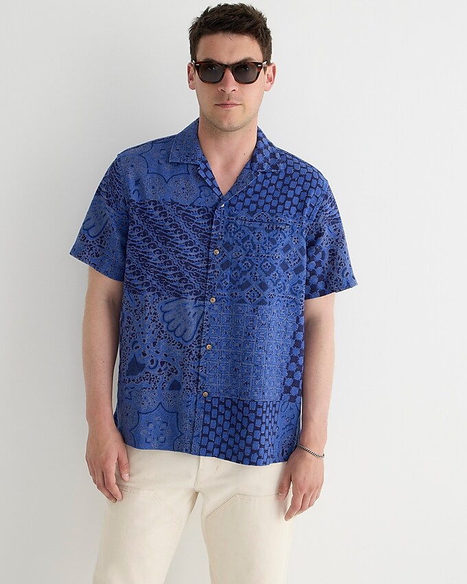 j.crew: wallace &amp; barnes viscose-cotton blend camp-collar shirt in patchwork for men, right side, view zoomed