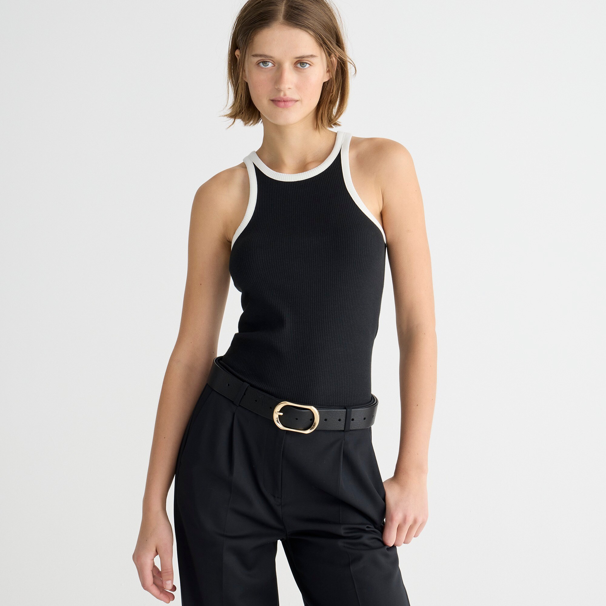 womens Vintage rib high-neck cutaway tank top with contrast trim