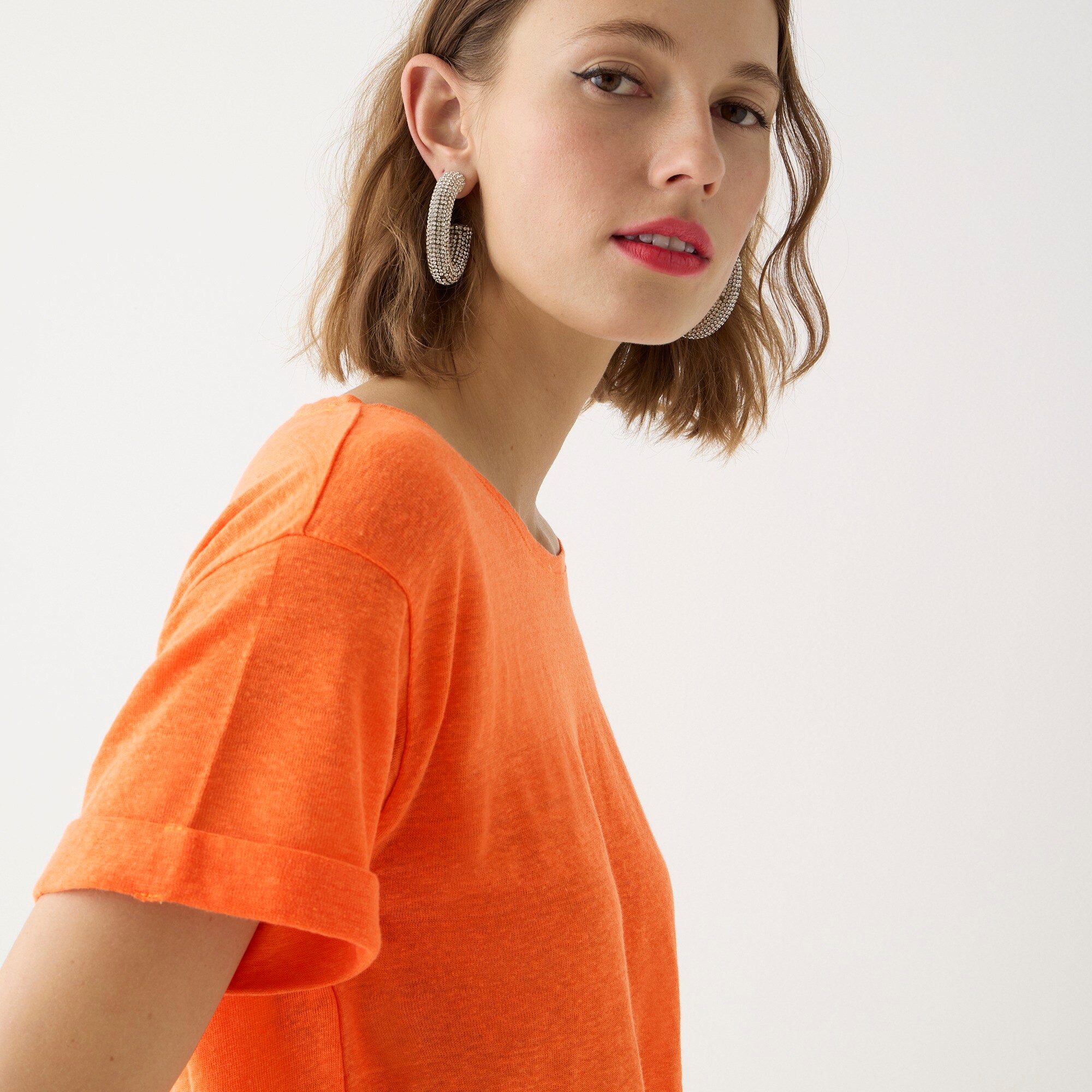 Linen roll-cuff crewneck T-shirt