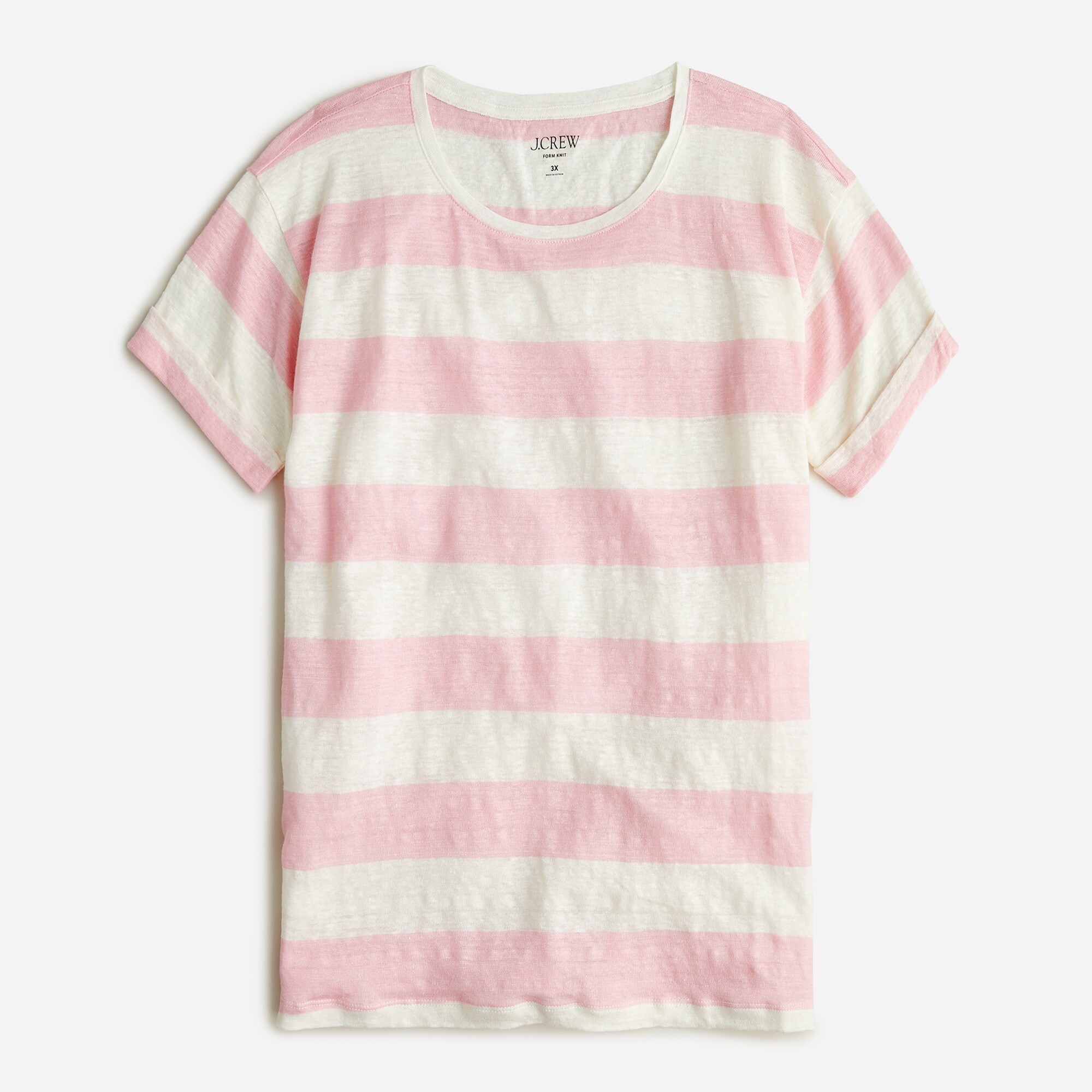  Linen roll-cuff crewneck T-shirt in stripe
