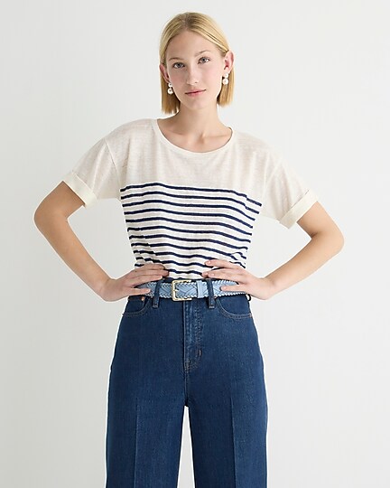 womens Linen roll-cuff crewneck T-shirt in stripe