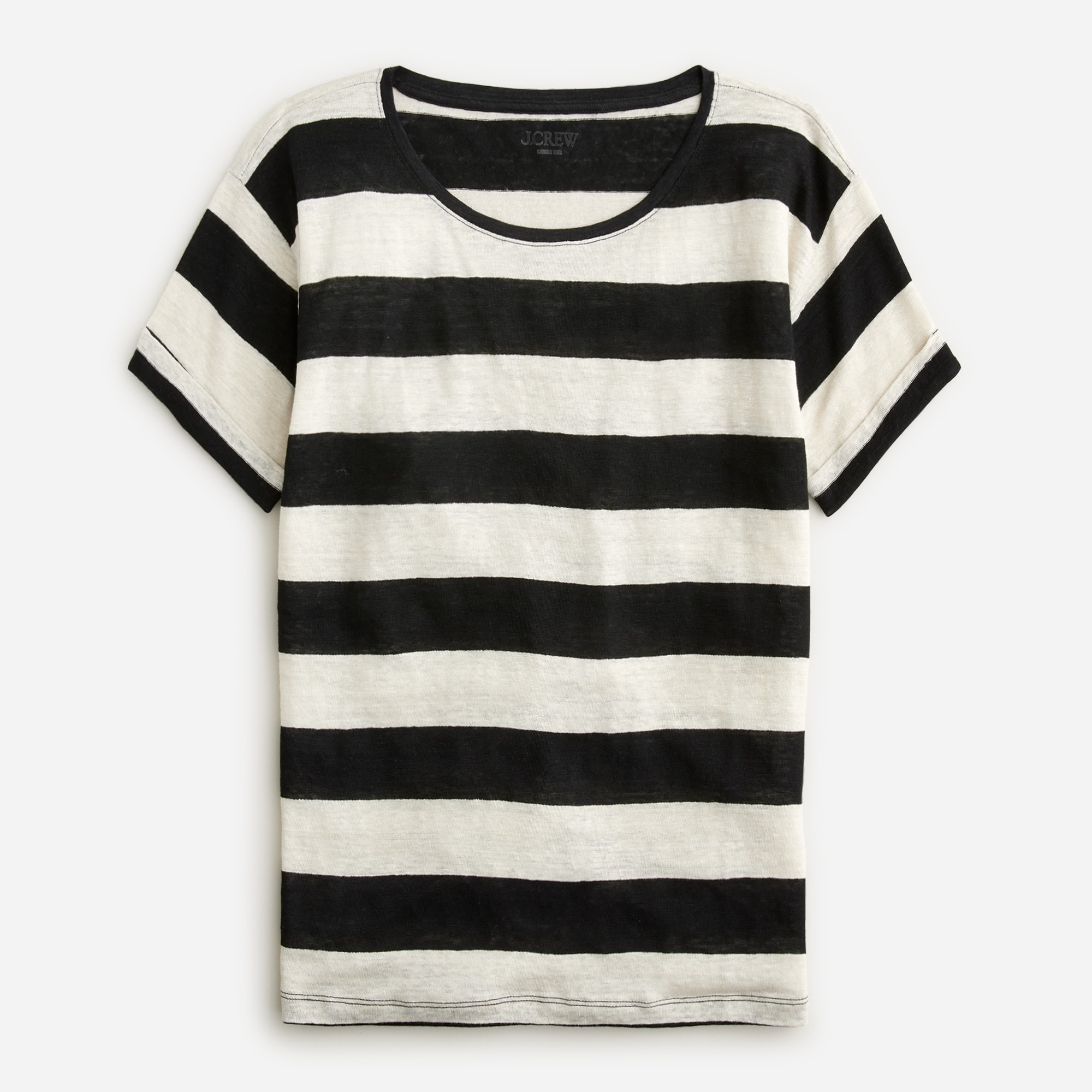 womens Linen roll-cuff crewneck T-shirt in stripe
