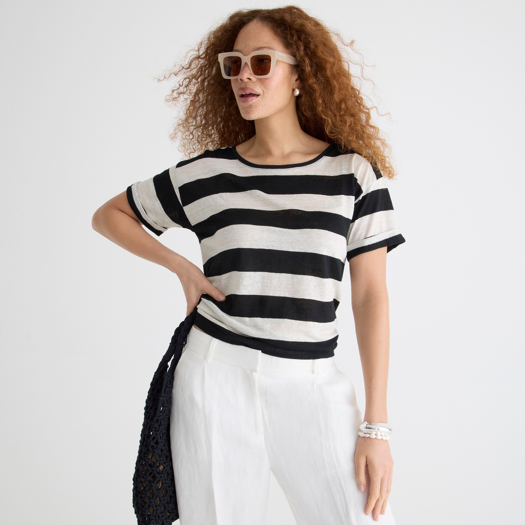 womens Linen roll-cuff crewneck T-shirt in stripe