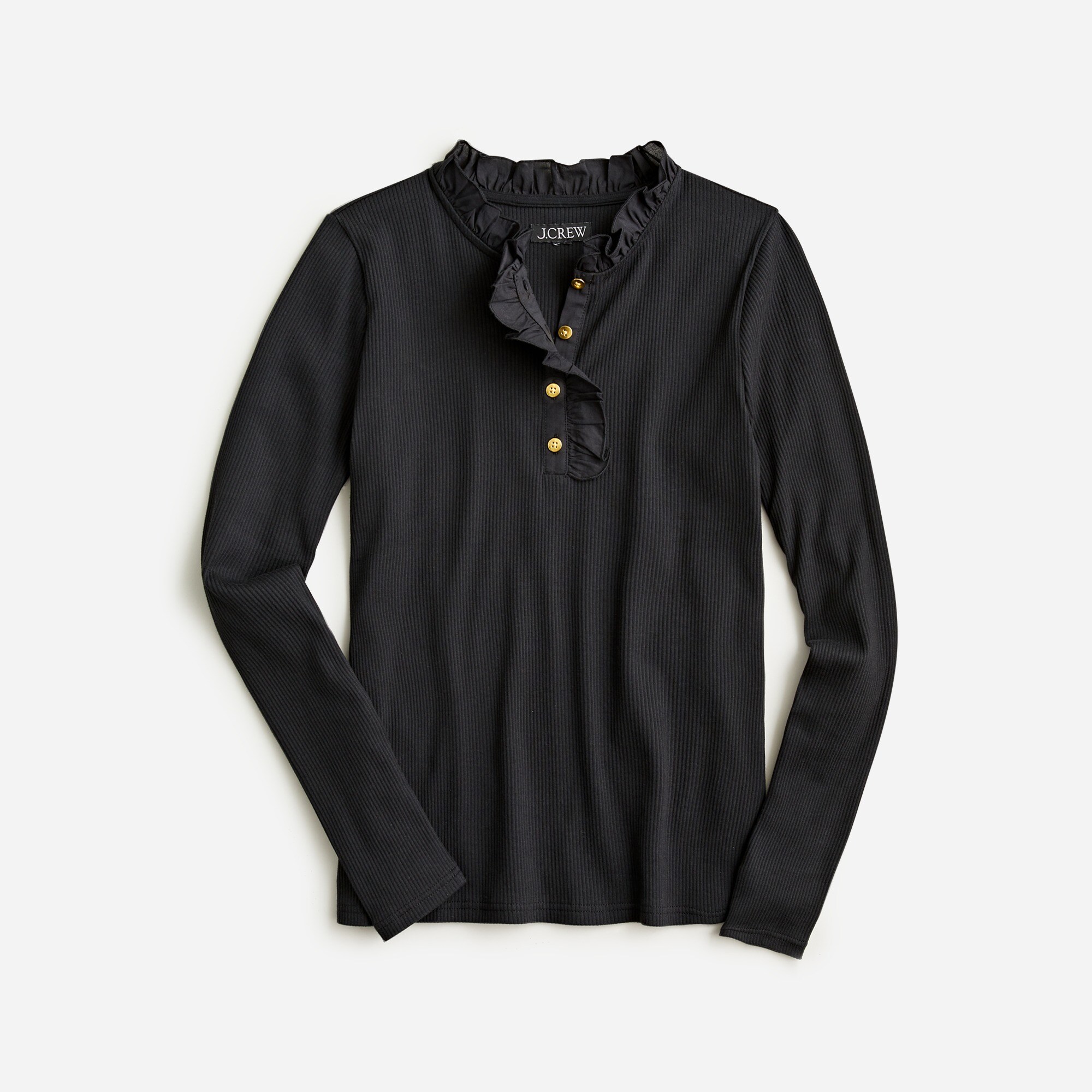 Ruffle-collar long-sleeve shirt in vintage rib