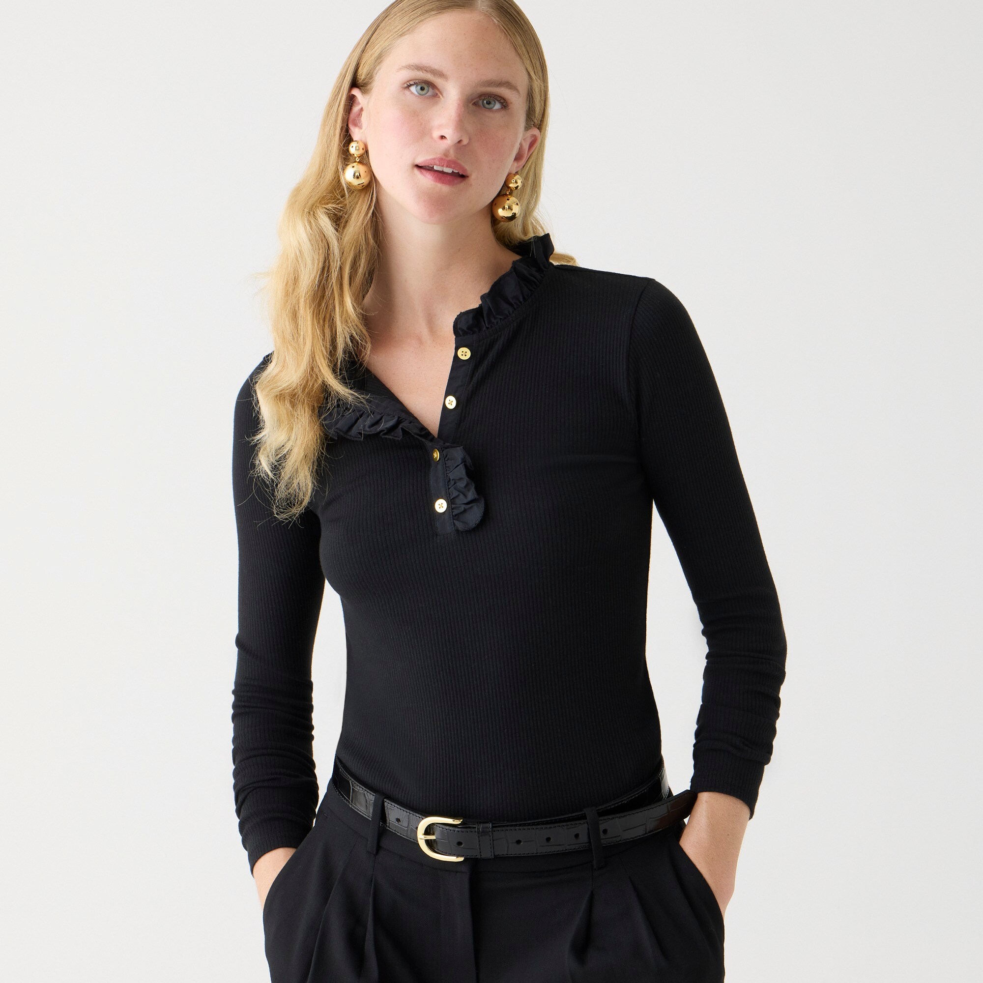 J.Crew Rufflecollar Longsleeve Shirt In Vintage Rib For Women