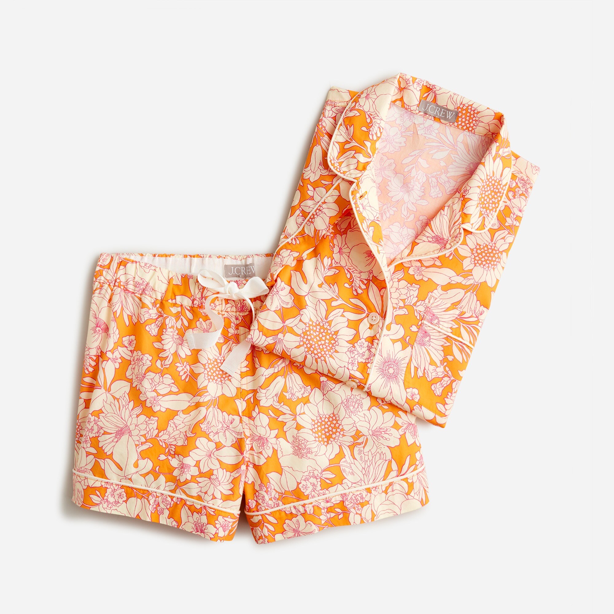 Short-sleeve cotton poplin pajama set in orange floral