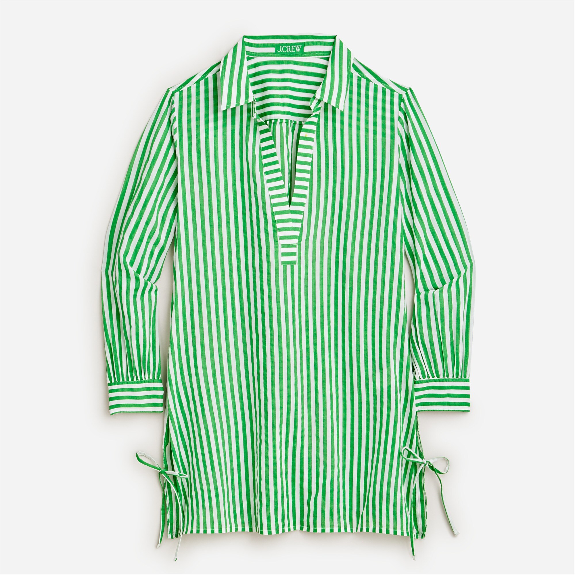 Cotton voile tunic cover-up with side ties in stripe