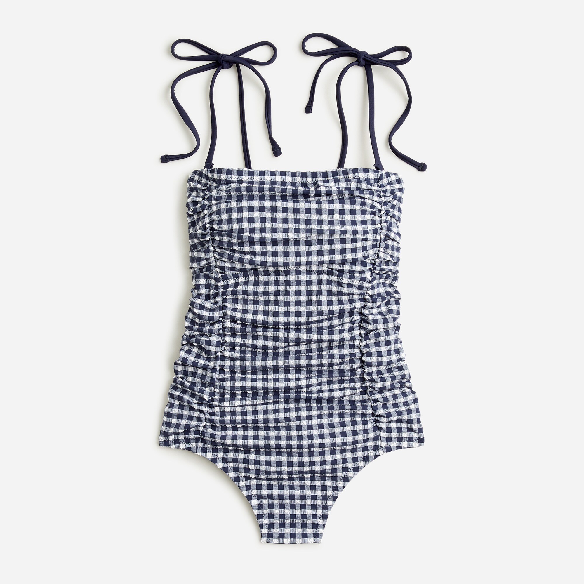  Ruched tie-shoulder one-piece swimsuit in classic gingham